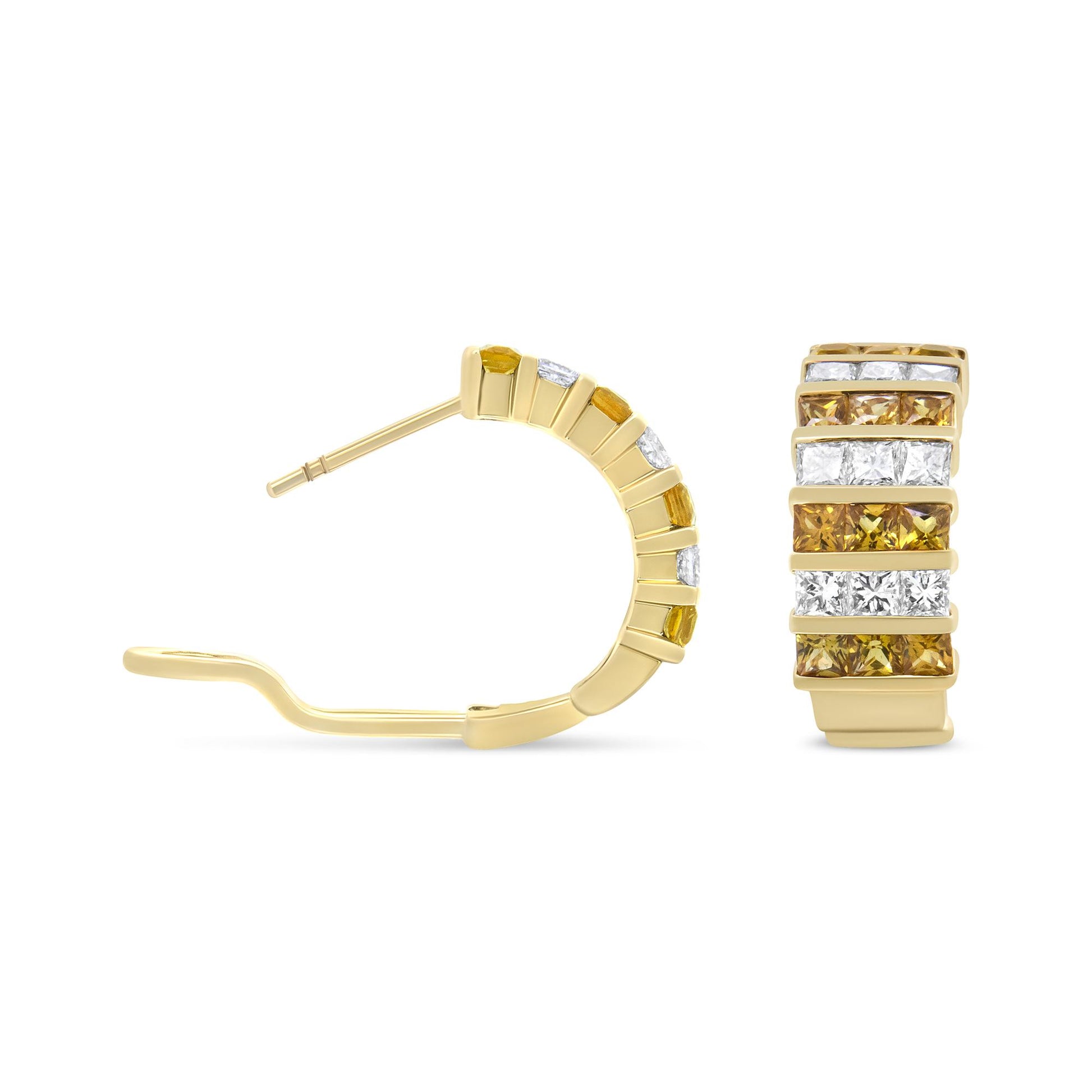 Close-up front and side view of a pair of yellow metal hoop earrings with alternating rows of white and yellow princess-shaped gemstones in an invisible setting.