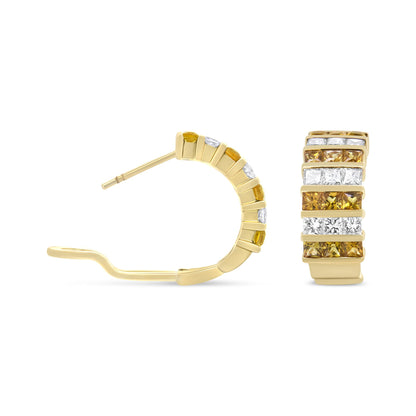 Close-up front and side view of a pair of yellow metal hoop earrings with alternating rows of white and yellow princess-shaped gemstones in an invisible setting.