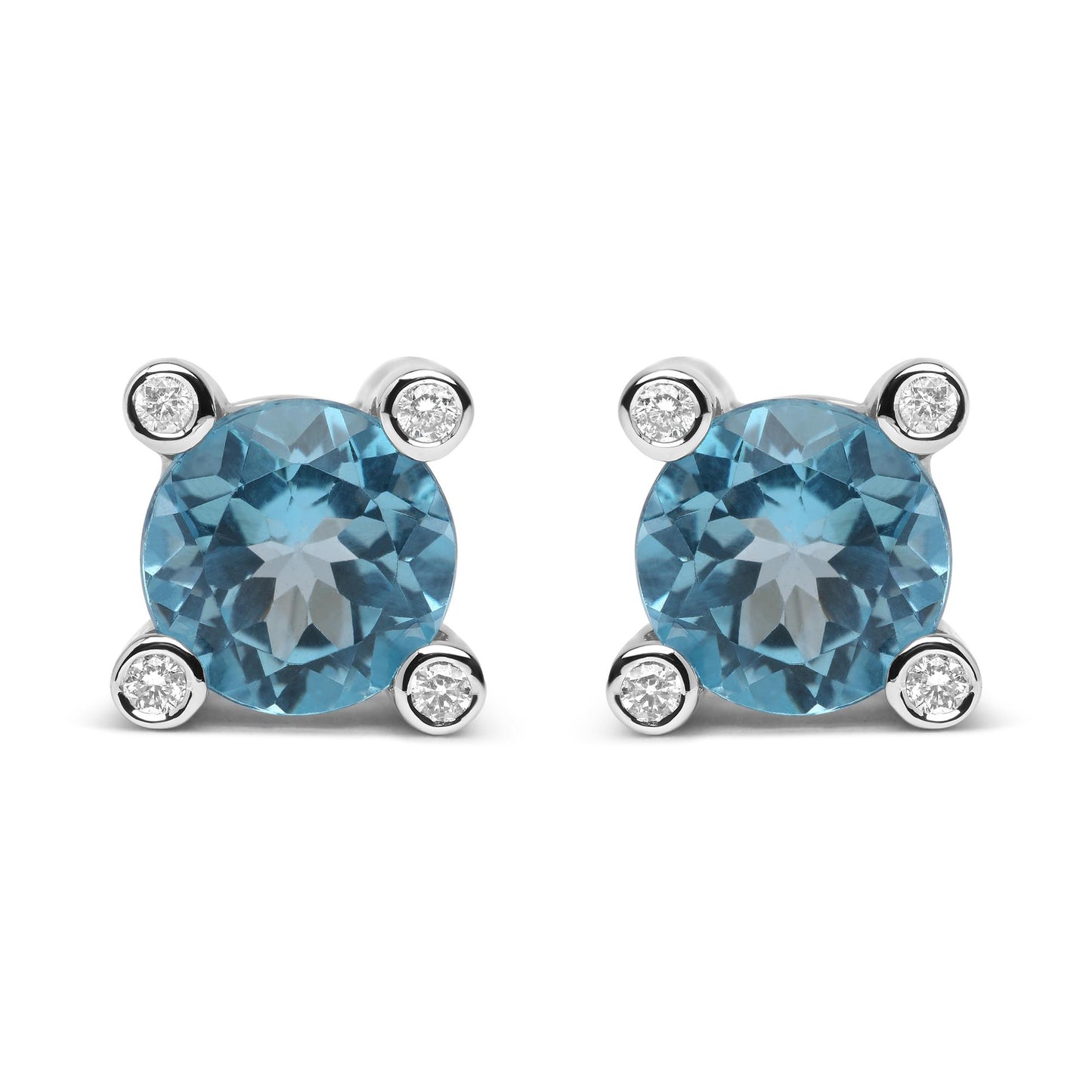 Front view of pair of white metal stud earrings with round blue gemstones prong set in the center and small round white gemstones bezel set at each corner.