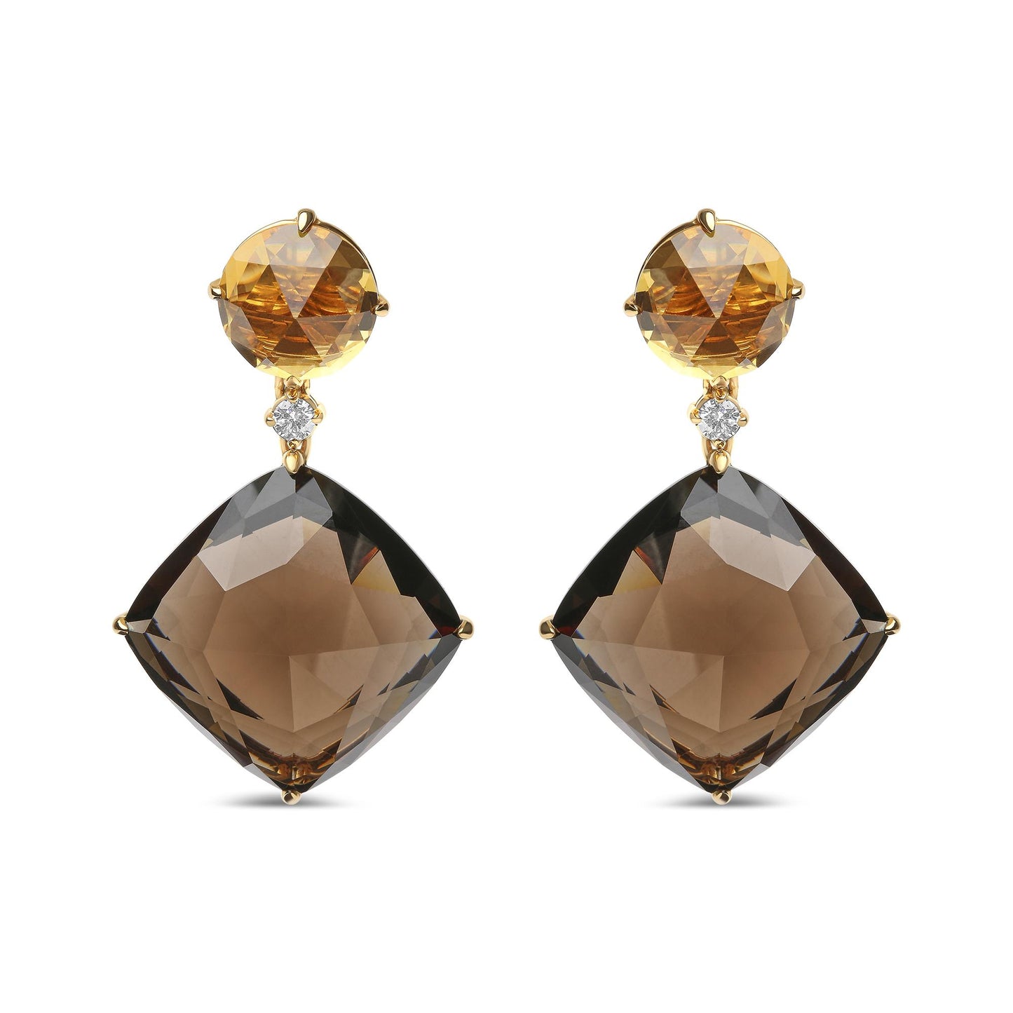 Front view of yellow metal earrings with round yellow gemstones at the top, small round white gemstones below, and large cushion-shaped smoky gemstones at the bottom.