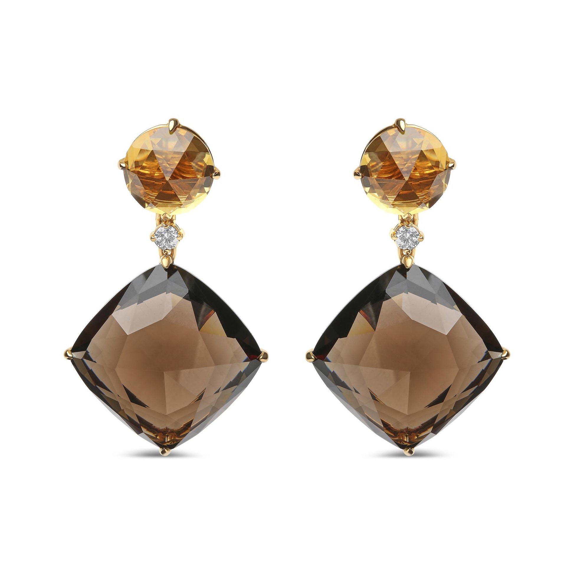Front view of yellow metal earrings with round yellow gemstones at the top, small round white gemstones below, and large cushion-shaped smoky gemstones at the bottom.
