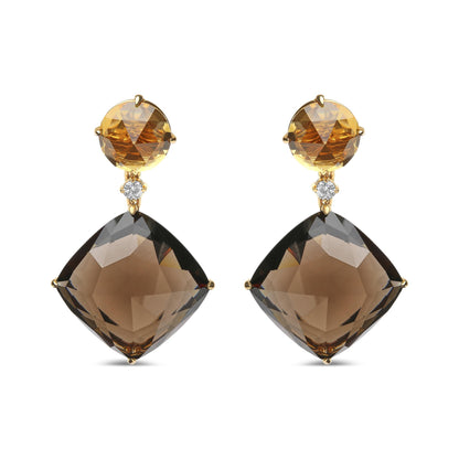 Front view of yellow metal earrings with round yellow gemstones at the top, small round white gemstones below, and large cushion-shaped smoky gemstones at the bottom.