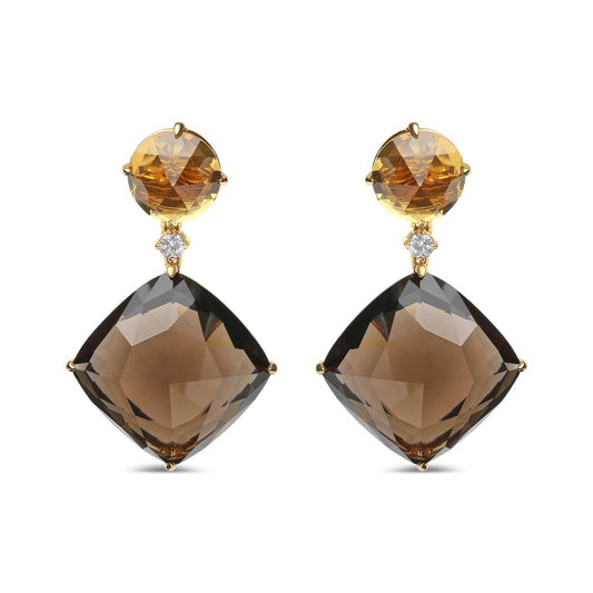 Front view of yellow metal earrings with round yellow gemstones at the top, small round white gemstones below, and large cushion-shaped smoky gemstones at the bottom.