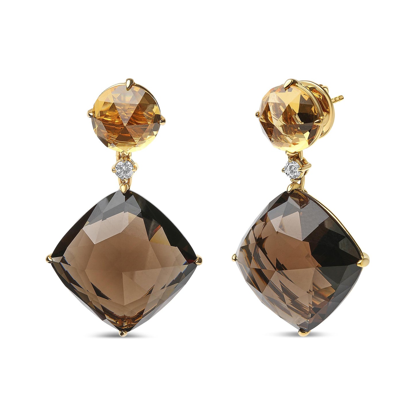 Pair of yellow metal earrings with a front-facing round yellow gemstone at the top, a small white round gemstone below it, and a large faceted cushion-shaped smoky gemstone dangling beneath, shown from a slightly angled front view.
