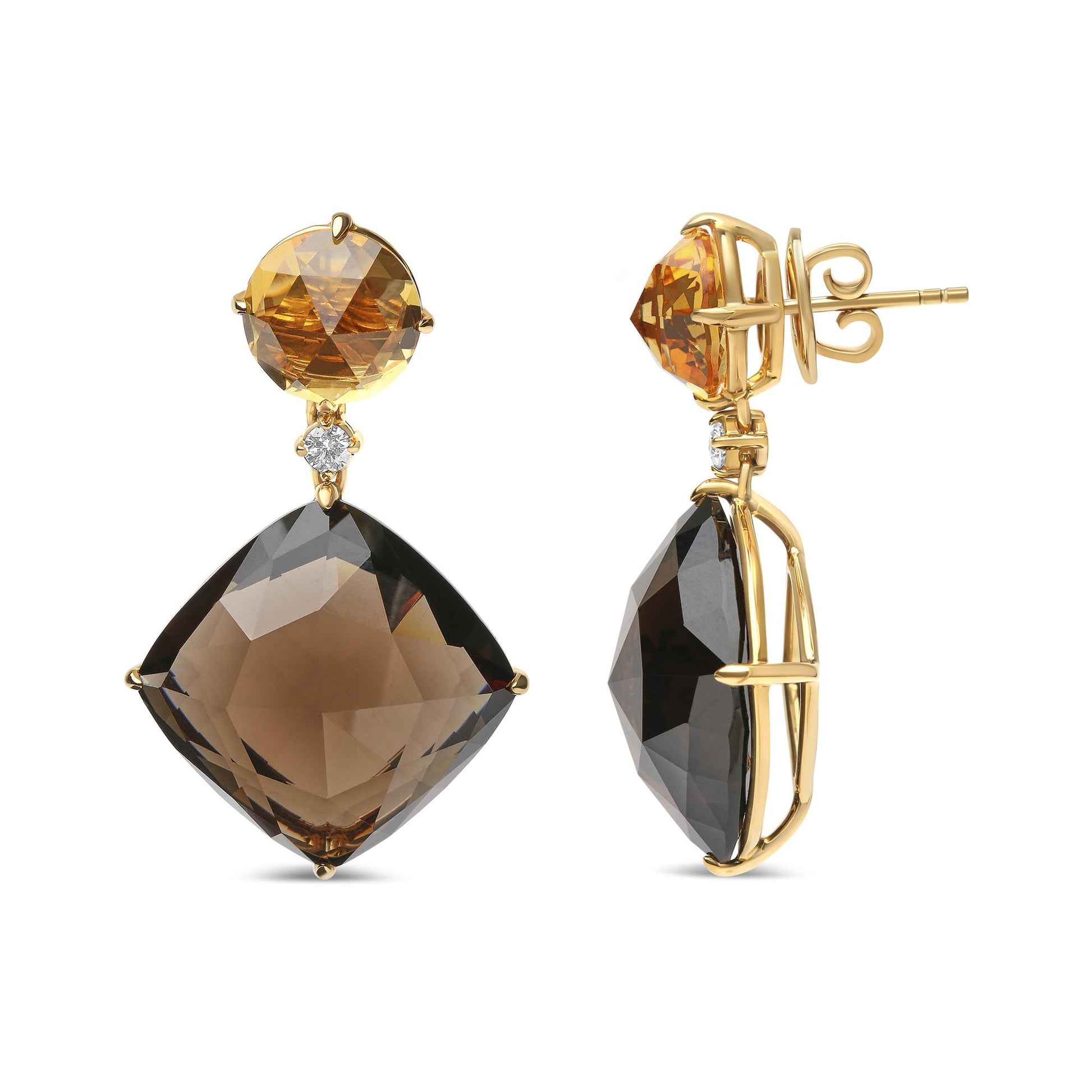 Pair of yellow metal drop earrings shown from front and side angles, featuring round yellow gemstones at top, small round white gemstones below, and large cushion-shaped smoky gemstones in prong settings.