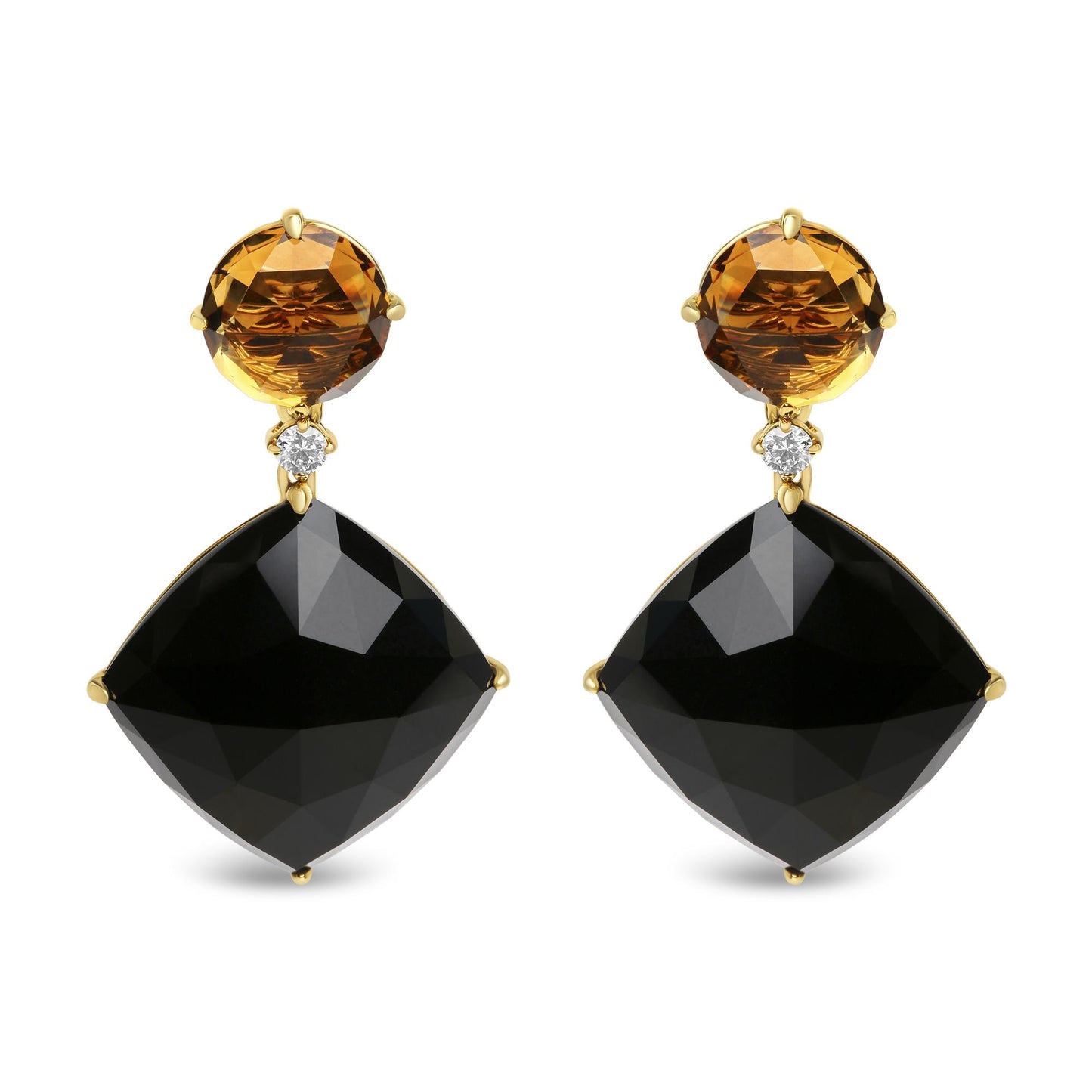 Front view of yellow metal drop earrings featuring round yellow gemstones, small round white gemstones, and large cushion-shaped black gemstones.