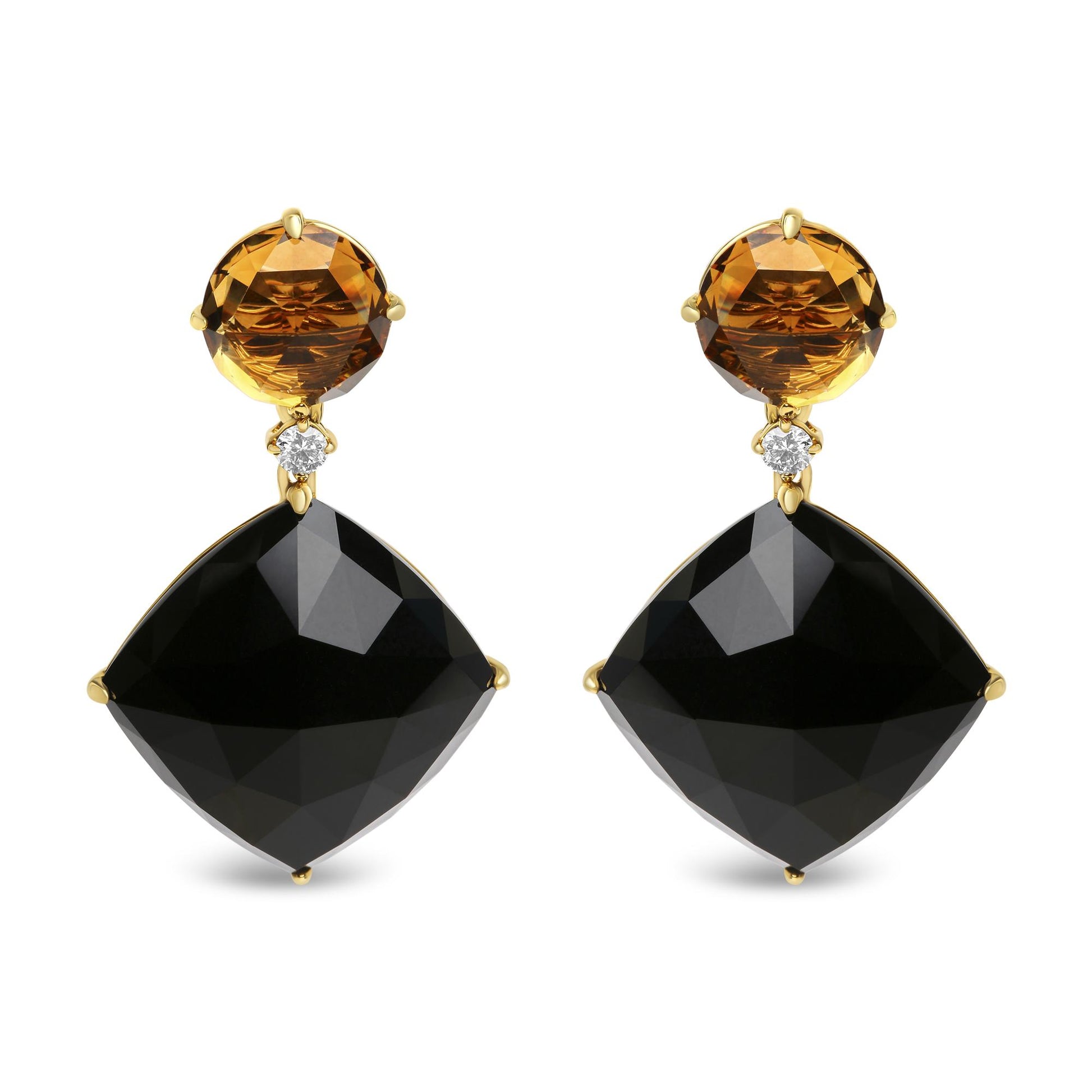Front view of yellow metal drop earrings featuring round yellow gemstones, small round white gemstones, and large cushion-shaped black gemstones.