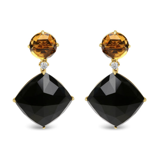 Front view of yellow metal drop earrings featuring round yellow gemstones, small round white gemstones, and large cushion-shaped black gemstones.