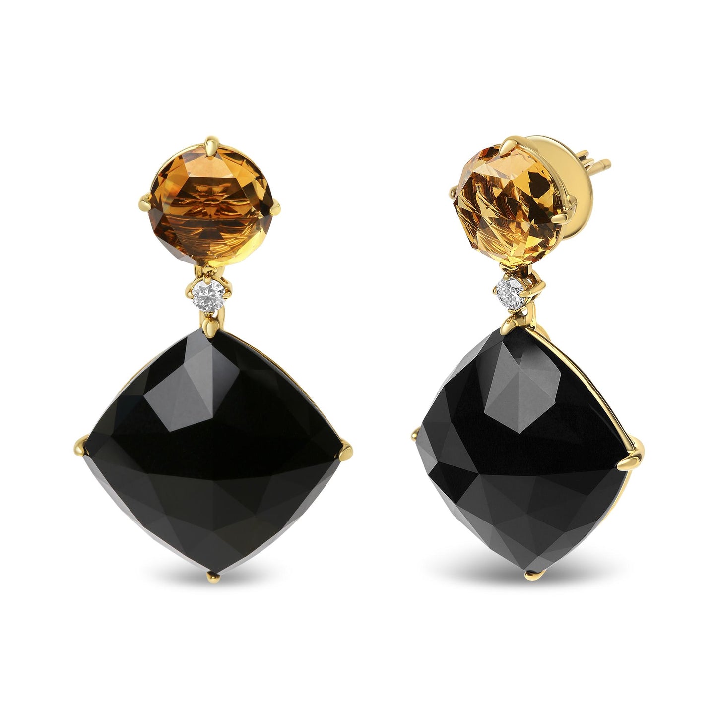 Front and side view of yellow metal earrings with round yellow gemstone at the top, small round white gemstone below it, and large cushion-shaped black gemstone hanging at the bottom.