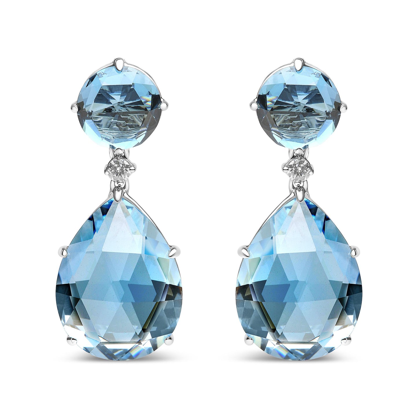 Front view of white metal earrings with a round blue gemstone at the top, a small white gemstone below it, and a large pear-shaped blue gemstone hanging at the bottom.
