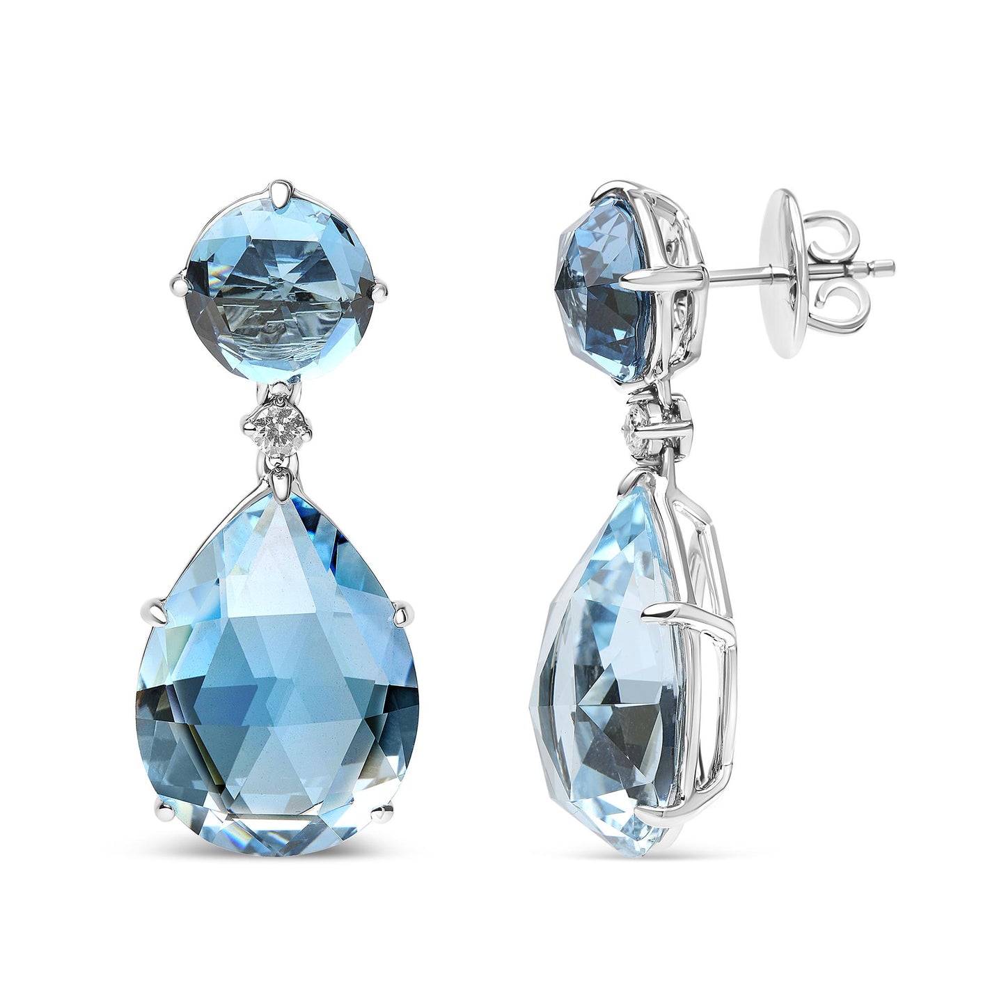 Front and side view of white metal drop earrings featuring round blue gemstones at the top, a small white gemstone in the middle, and large pear-shaped blue gemstones at the bottom.