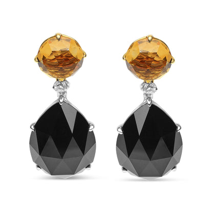 Front view of a pair of drop earrings featuring round yellow gemstones at the top in yellow metal settings, small round white gemstones connecting the top and bottom, and large faceted pear-shaped black gemstones in white metal settings at the bottom.