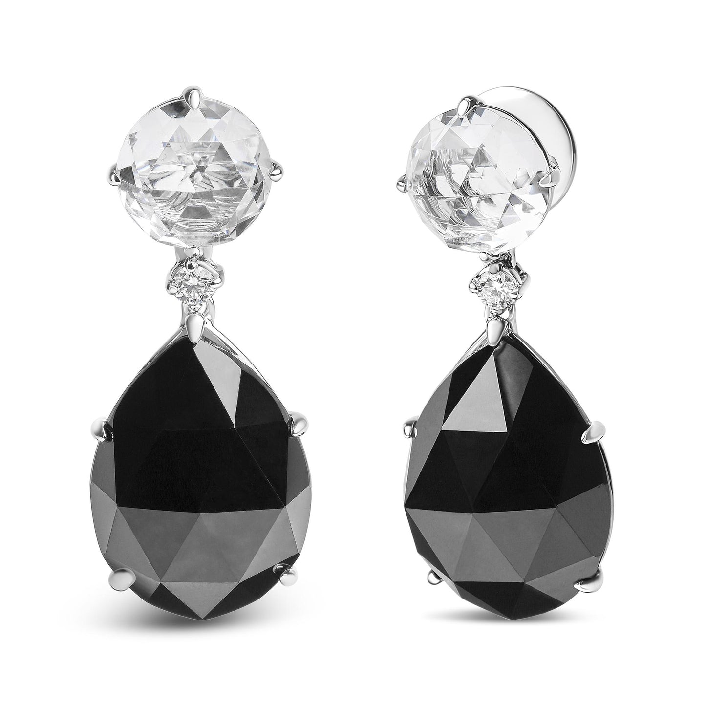 Pair of white metal earrings shown from the front and side angles, featuring round white gemstones at the top, small round white gemstones beneath, and large pear-shaped black gemstones hanging below.