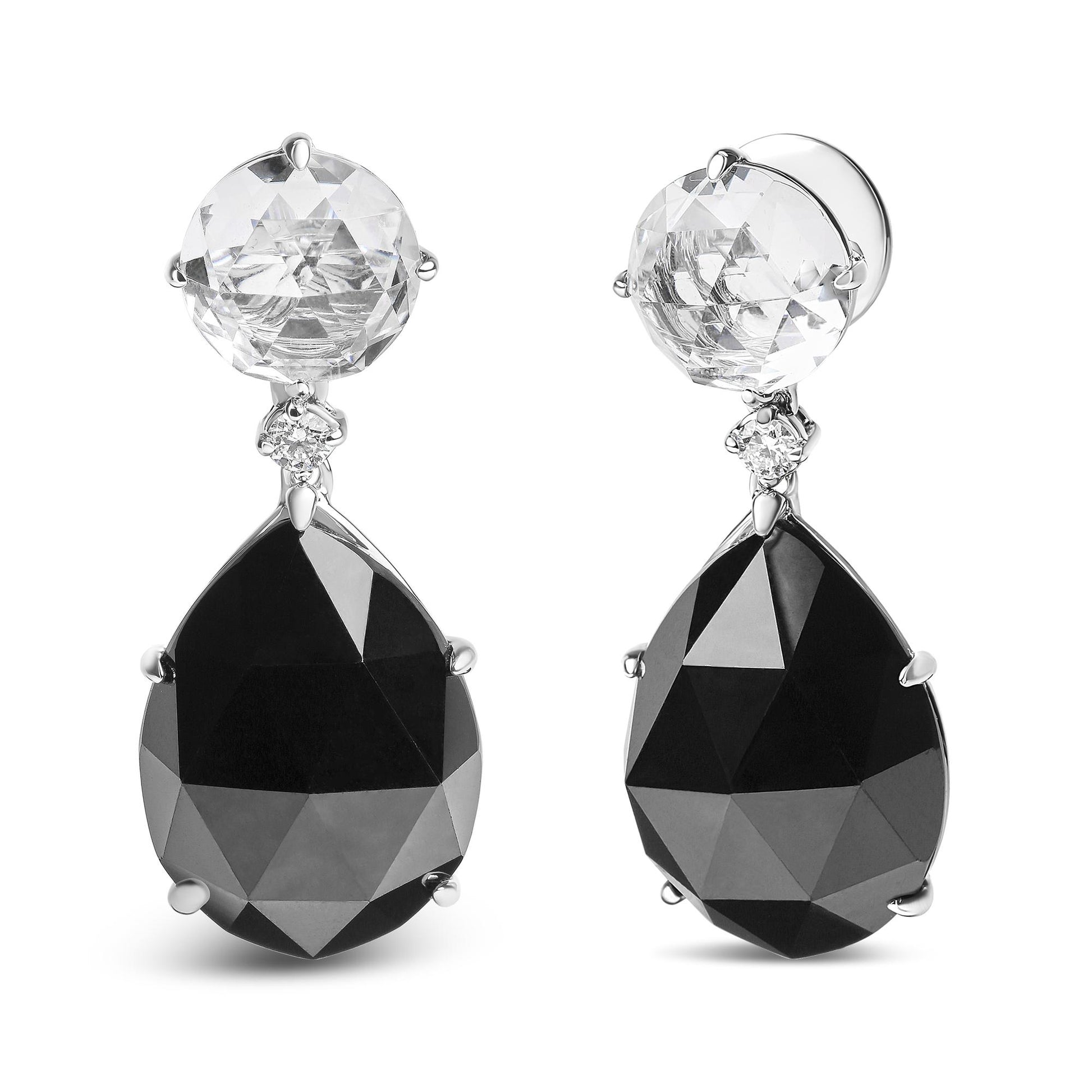 Pair of white metal earrings shown from the front and side angles, featuring round white gemstones at the top, small round white gemstones beneath, and large pear-shaped black gemstones hanging below.