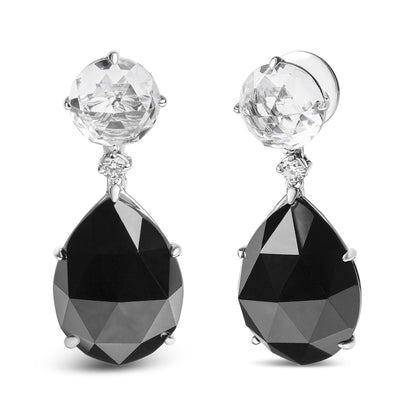 Pair of white metal earrings shown from the front and side angles, featuring round white gemstones at the top, small round white gemstones beneath, and large pear-shaped black gemstones hanging below.