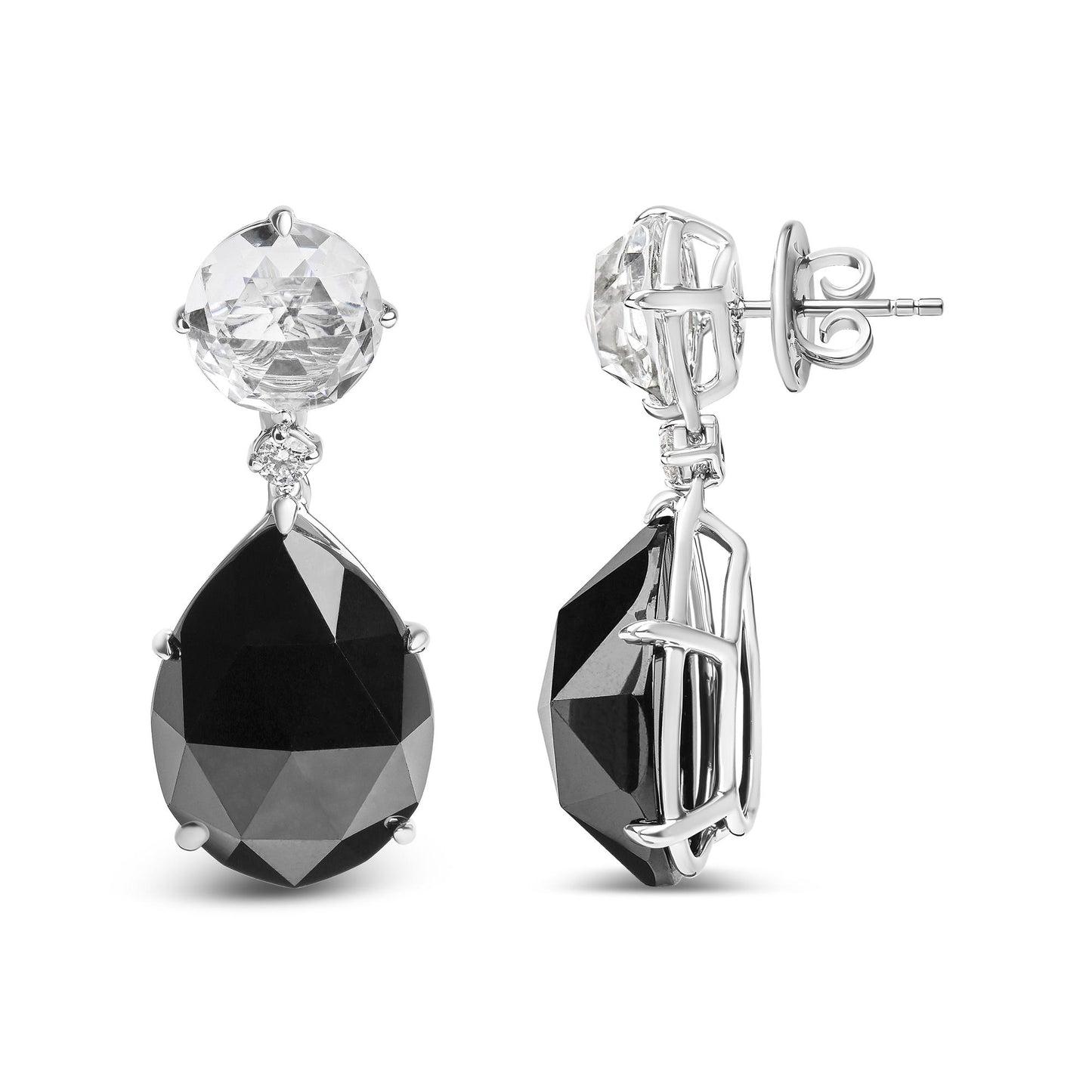 Pair of white metal dangle earrings with round white gemstones at the top, pear-shaped black gemstones below, and small round white gemstones between; front and side views on a white background.