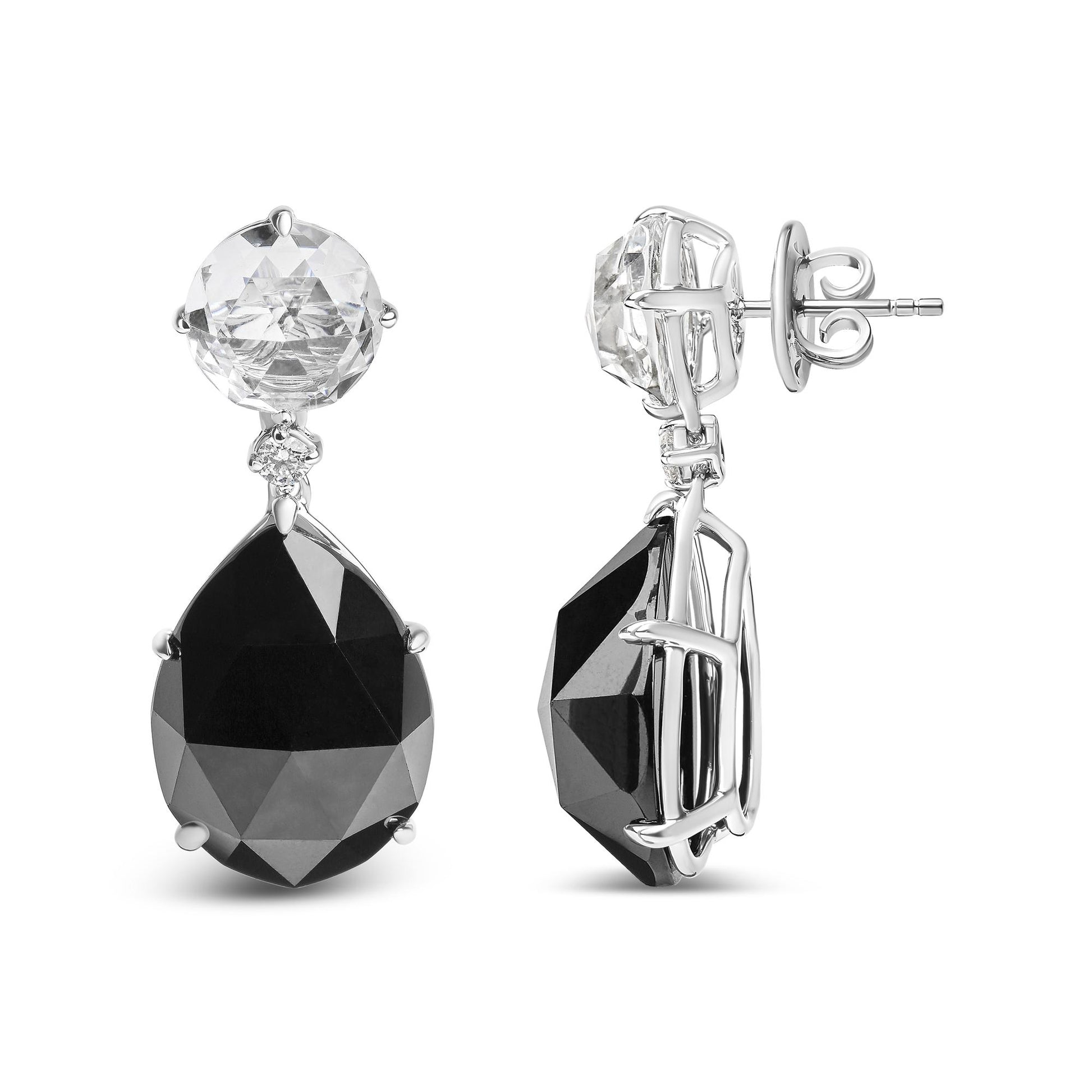 Pair of white metal dangle earrings with round white gemstones at the top, pear-shaped black gemstones below, and small round white gemstones between; front and side views on a white background.