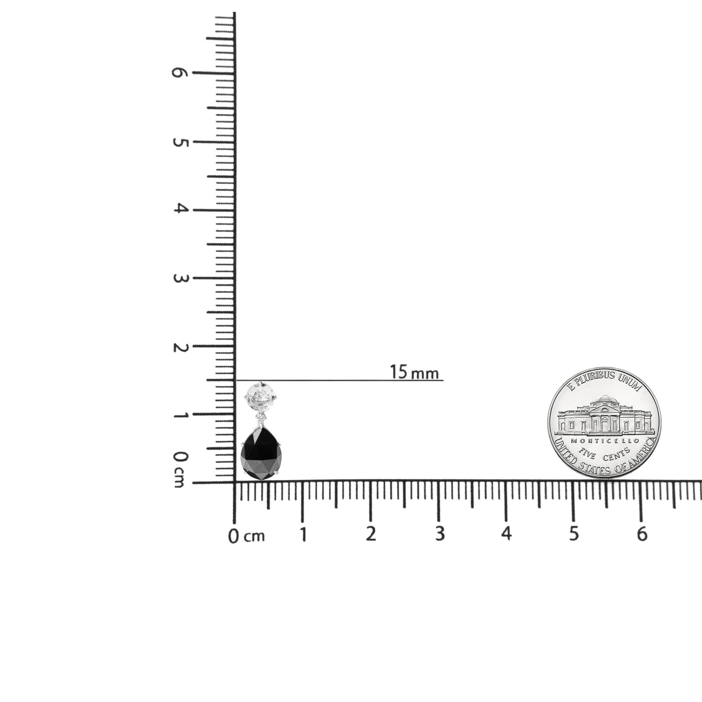 White metal earrings with a black pear-shaped gemstone and a white round gemstone above, shown on a ruler and scale for size reference, front-facing angle.
