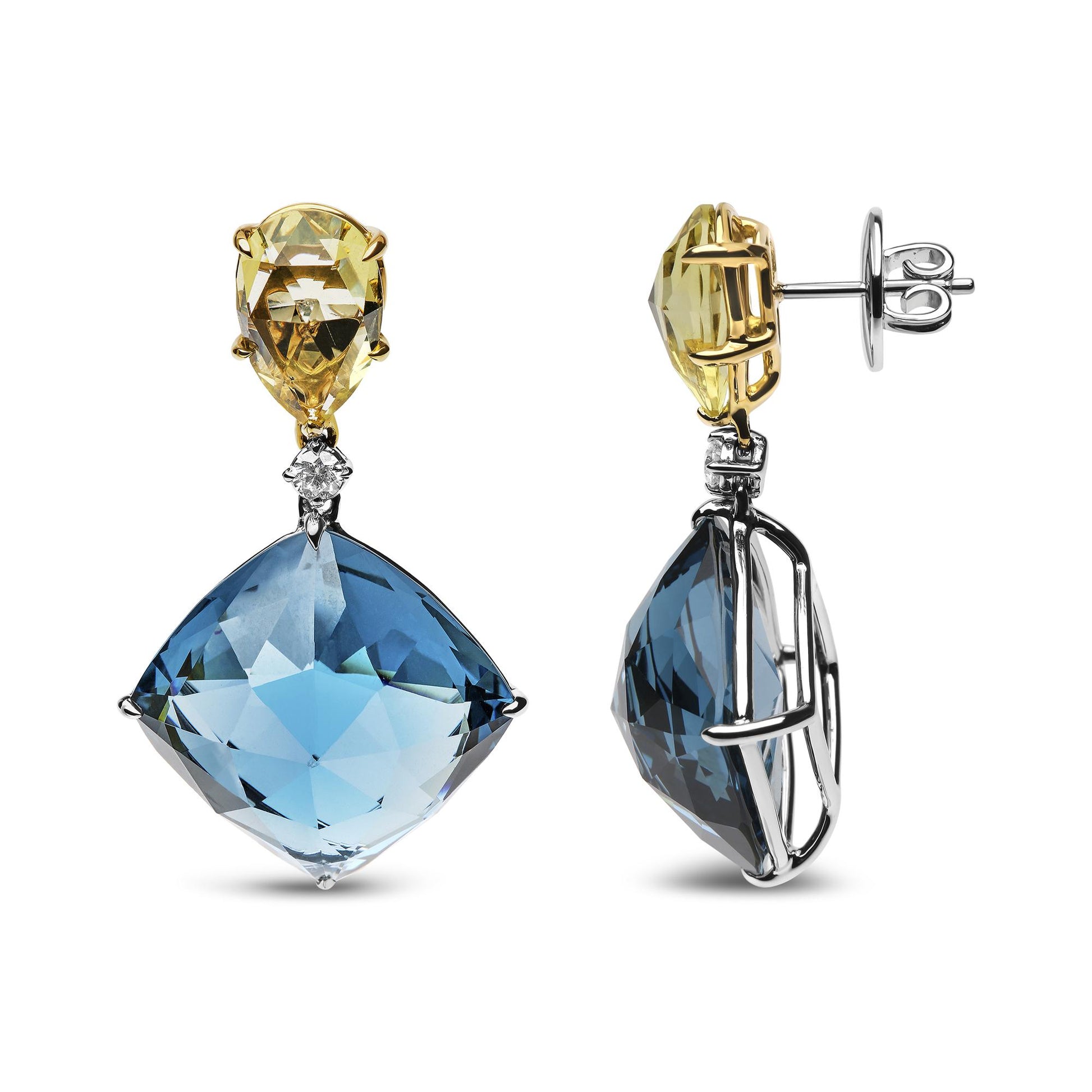 Pair of drop earrings shown from front and side angles, featuring yellow pear-shaped gemstones at the top, small round white gemstones below, and large cushion-shaped blue gemstones at the bottom, with yellow and white metal settings.