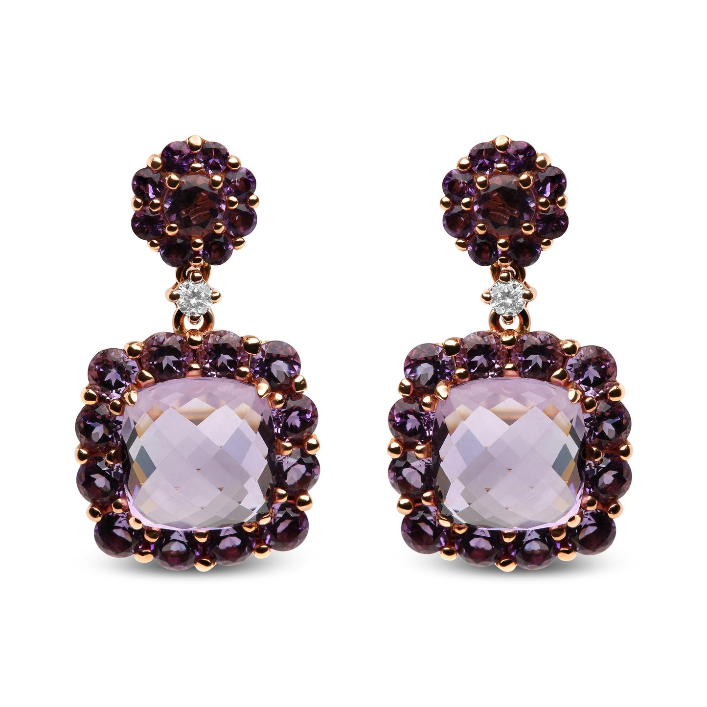 Front-facing pair of rose-colored earrings featuring cushion-shaped light purple gemstones surrounded by round dark purple gemstones, with round pink gemstones and a small round white gemstone near the post.
