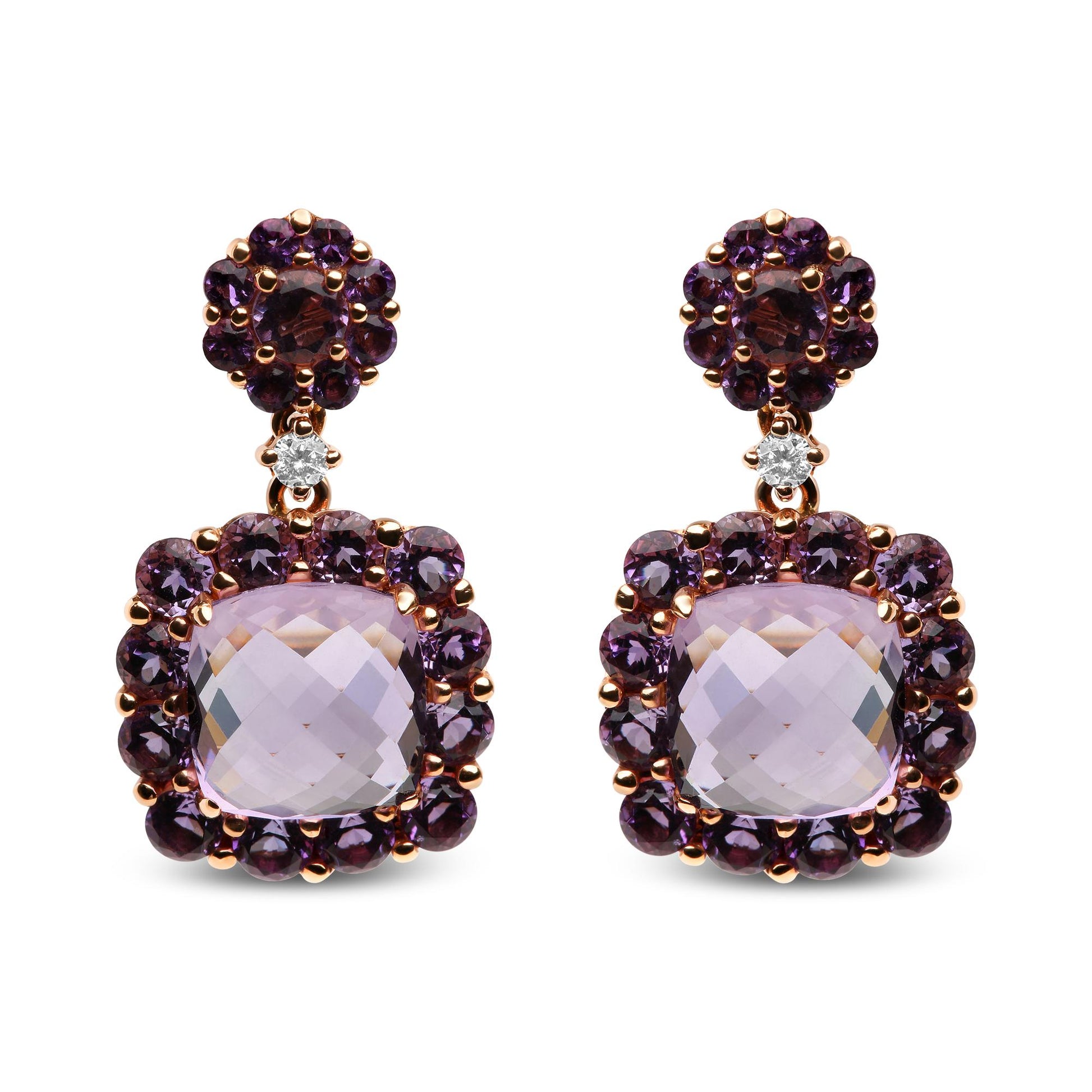 Front-facing pair of rose-colored earrings featuring cushion-shaped light purple gemstones surrounded by round dark purple gemstones, with round pink gemstones and a small round white gemstone near the post.