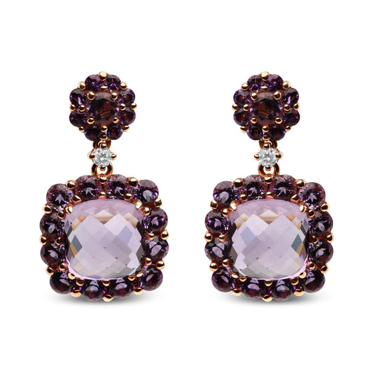 Front-facing pair of rose-colored earrings featuring cushion-shaped light purple gemstones surrounded by round dark purple gemstones, with round pink gemstones and a small round white gemstone near the post.