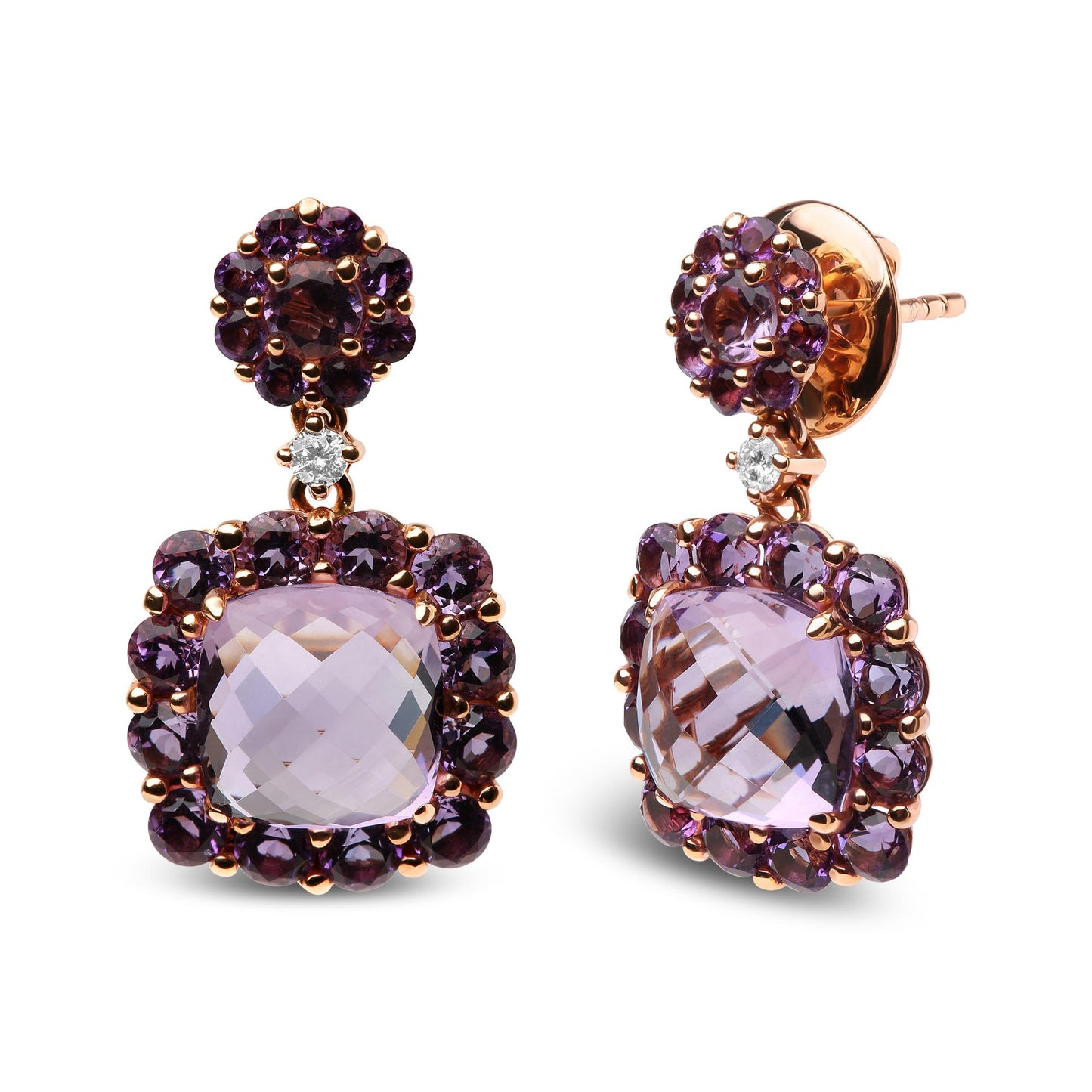 Pair of rose metal drop earrings shown from front and side angles, featuring white round gemstones between clusters of small round purple gemstones and a large cushion-shaped pink gemstone surrounded by round purple gemstones.
