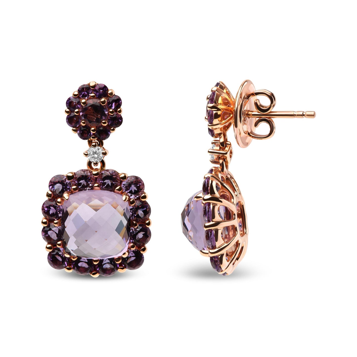 Front and side view of rose-colored metal drop earrings with a large cushion-shaped light purple gemstone surrounded by smaller round purple gemstones. Above is a cluster of round purple gemstones with a small white gemstone connecting the two sections.