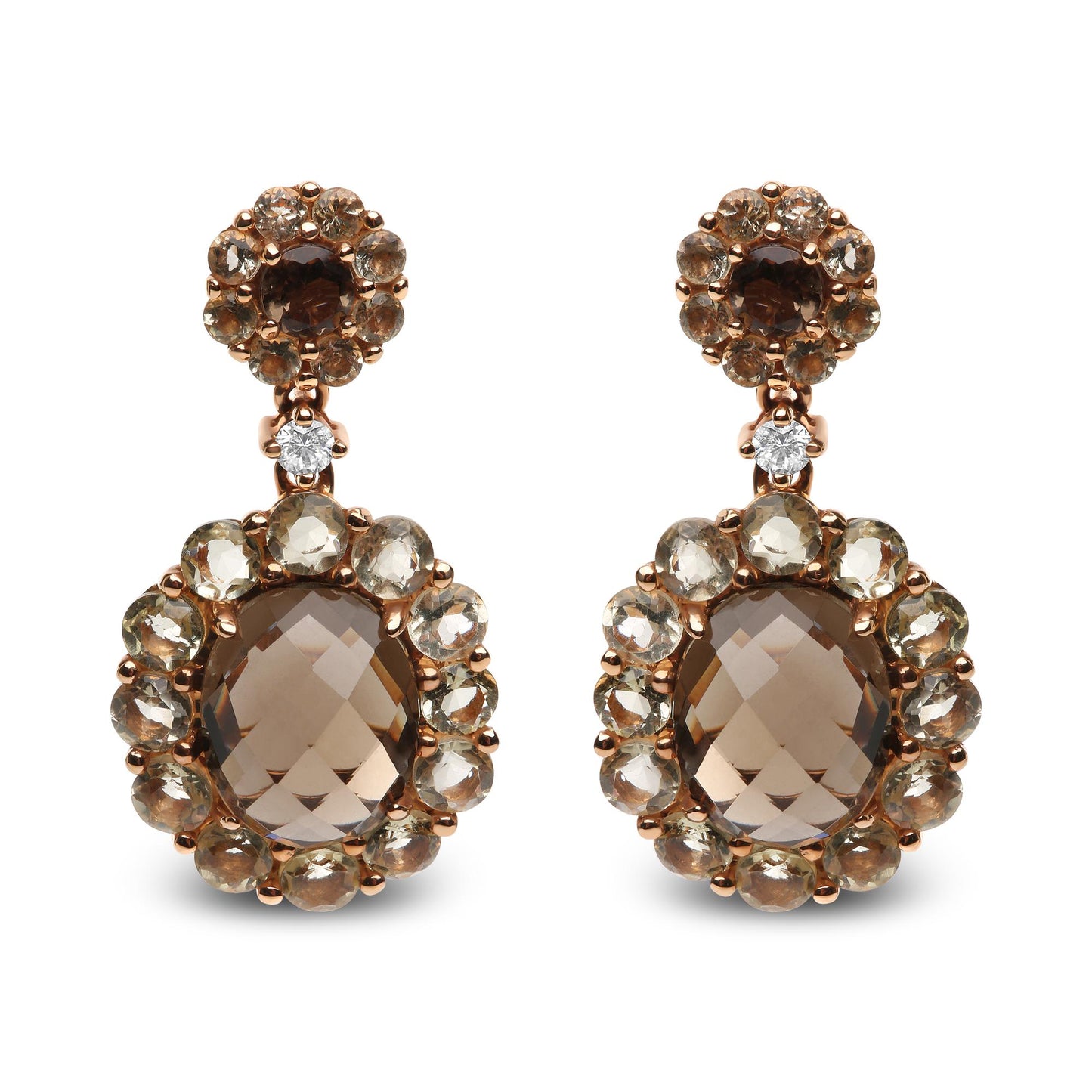 Front view of a pair of rose-colored metal drop earrings featuring oval smoky quartz center stones surrounded by smaller round smoky quartz gemstones, topped with a round cluster of smoky quartz stones and a single white gemstone in between.