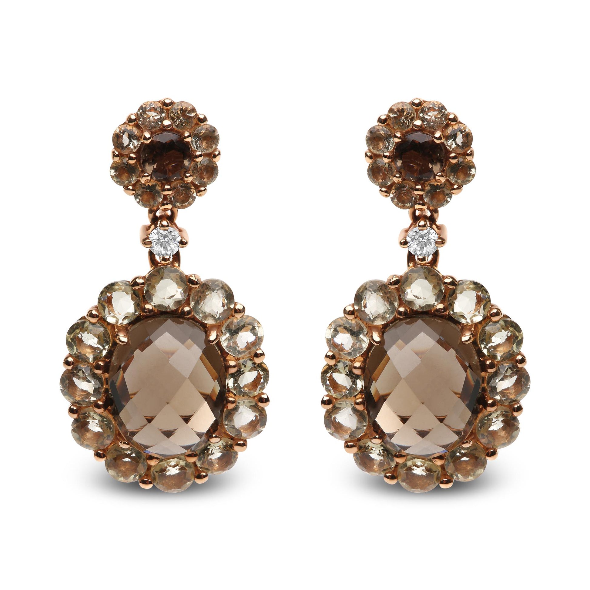 Front view of a pair of rose-colored metal drop earrings featuring oval smoky quartz center stones surrounded by smaller round smoky quartz gemstones, topped with a round cluster of smoky quartz stones and a single white gemstone in between.