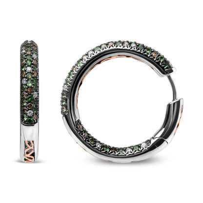 Close-up front and side views of white metal hoop earrings with round green, brown, and white gemstones in prong settings.