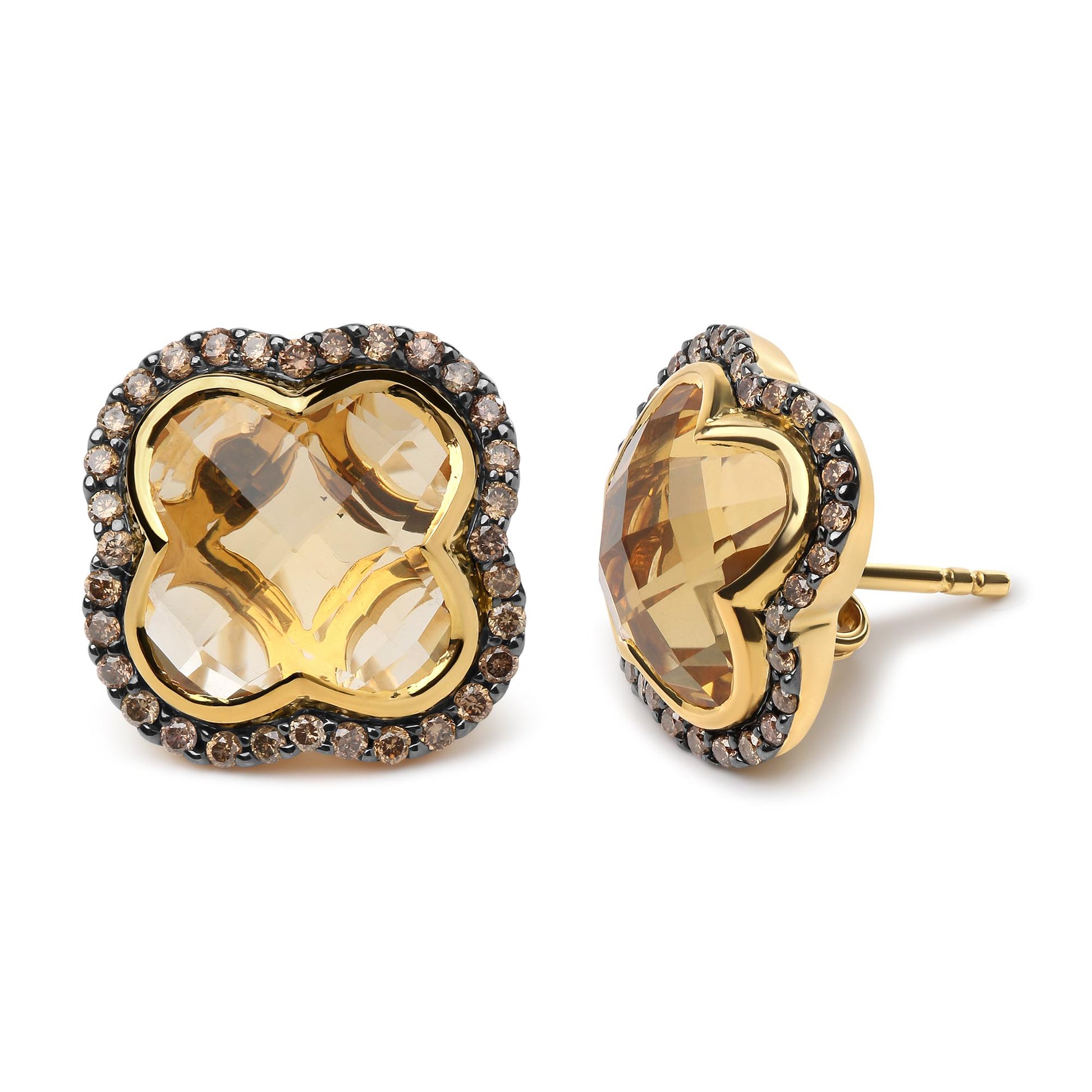 Pair of stud earrings shown from front and side angles, featuring yellow and black metal with a central yellow gemstone surrounded by round brown gemstones in prong settings.