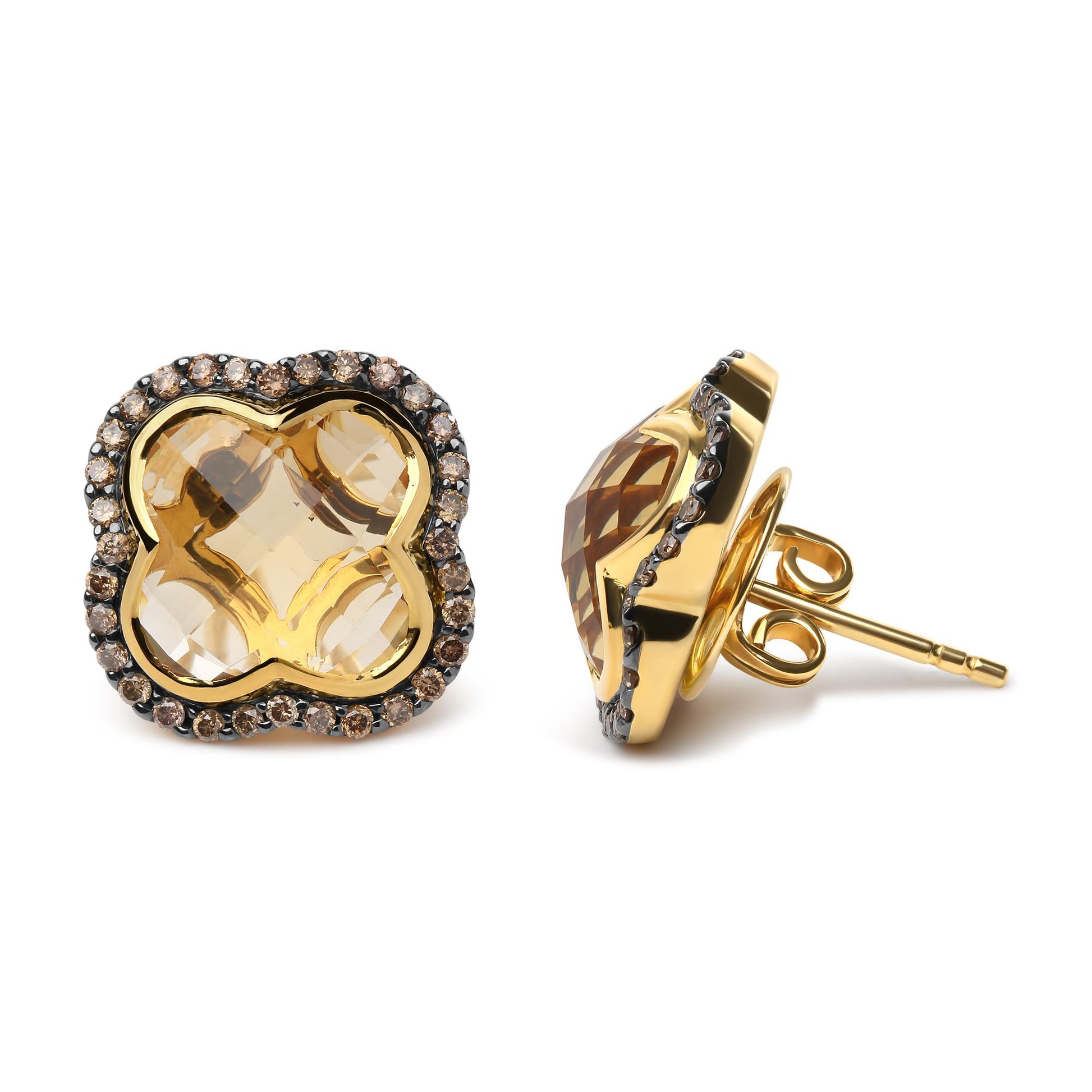 Pair of yellow and black metal stud earrings with large yellow gemstones in the center and surrounded by small brown round gemstones, shown from front and side angles.