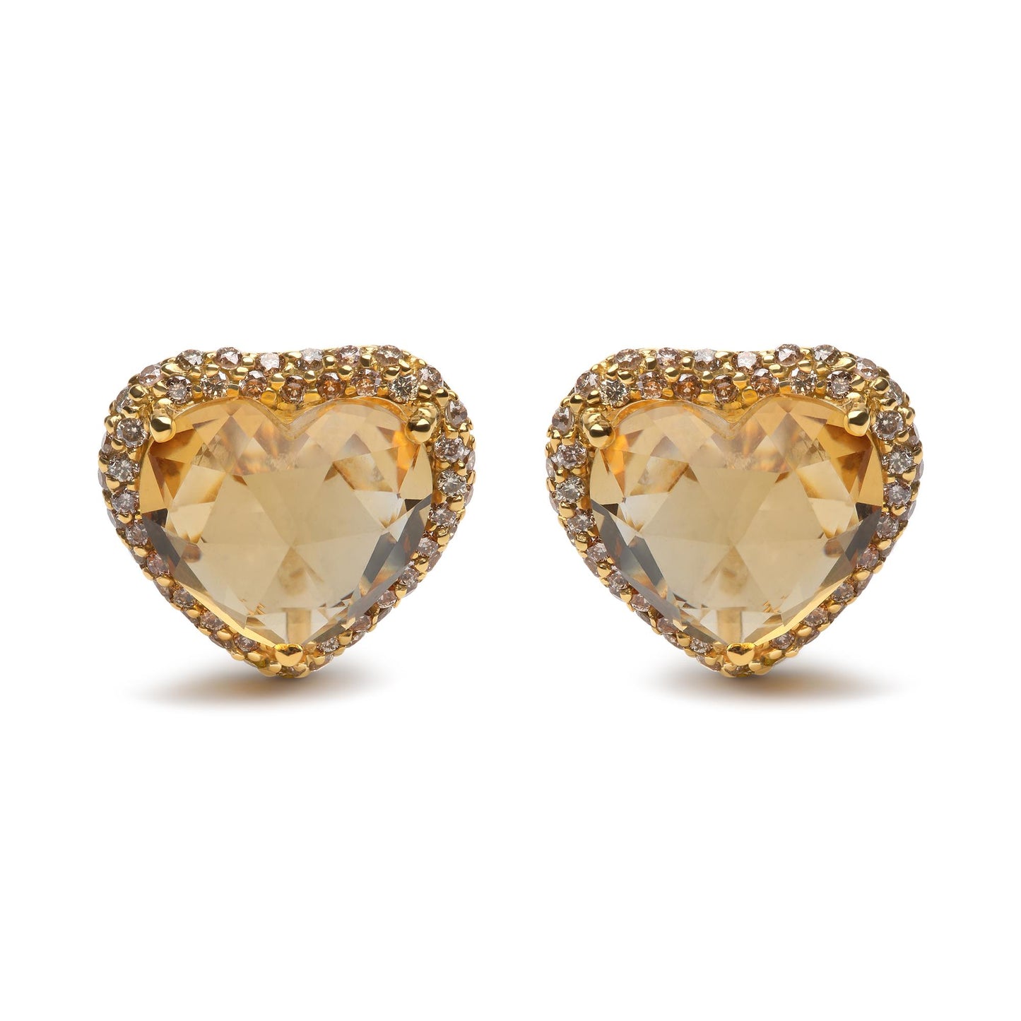 Front view of yellow metal heart-shaped earrings with yellow heart-shaped gemstones surrounded by small round brown gemstones in prong settings.