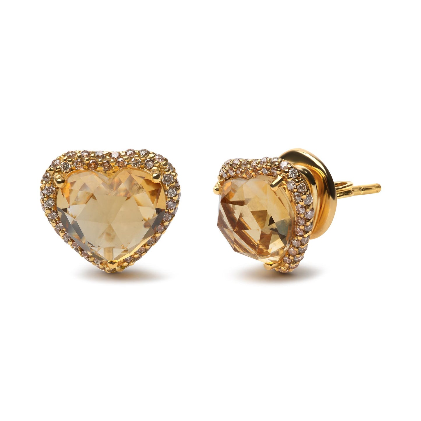 Pair of yellow metal stud earrings with heart-shaped yellow gemstones surrounded by small round brown gemstones, shown from front and angled side views.