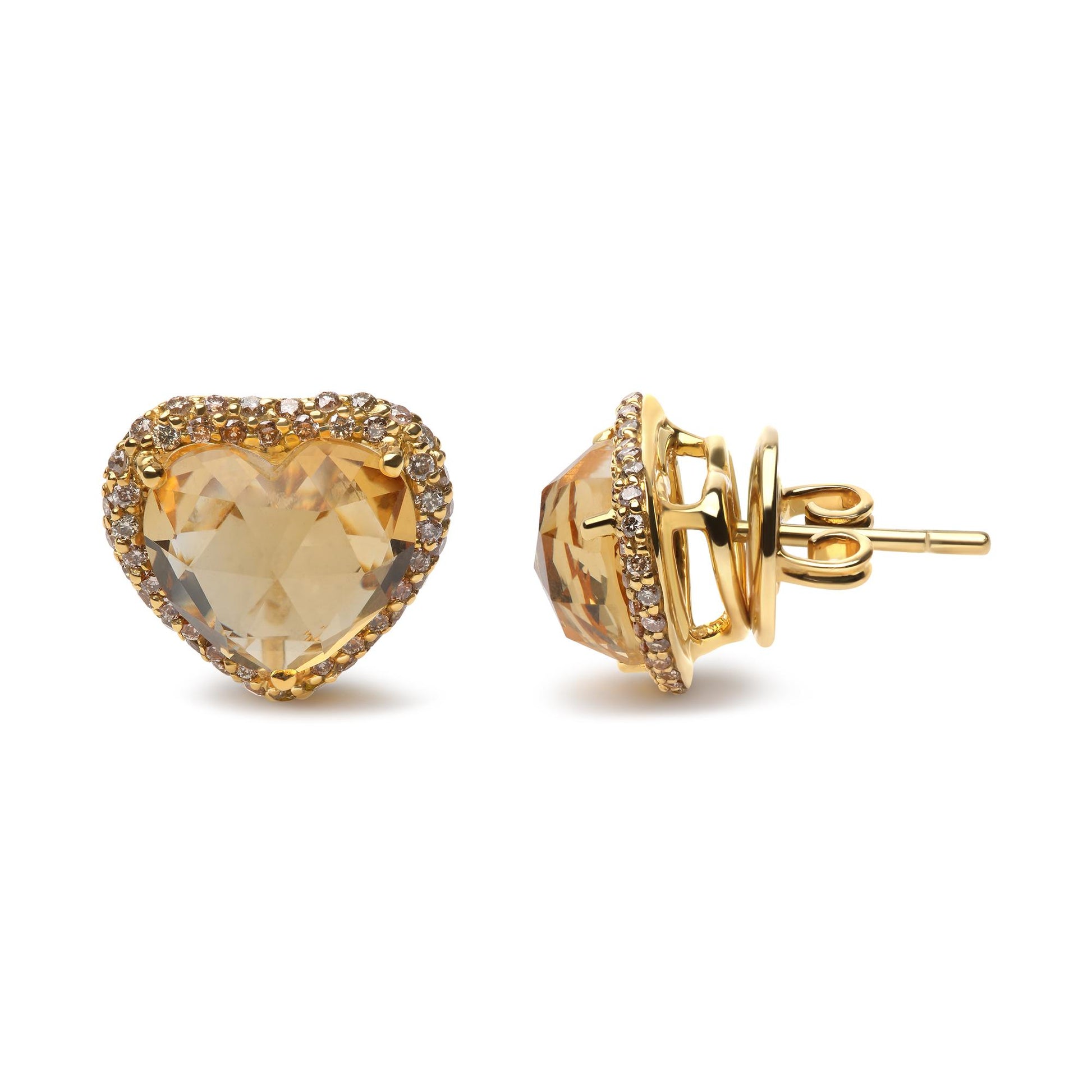 Pair of yellow metal stud earrings with heart-shaped yellow gemstones surrounded by small round brown gemstones, shown from front and side angles.
