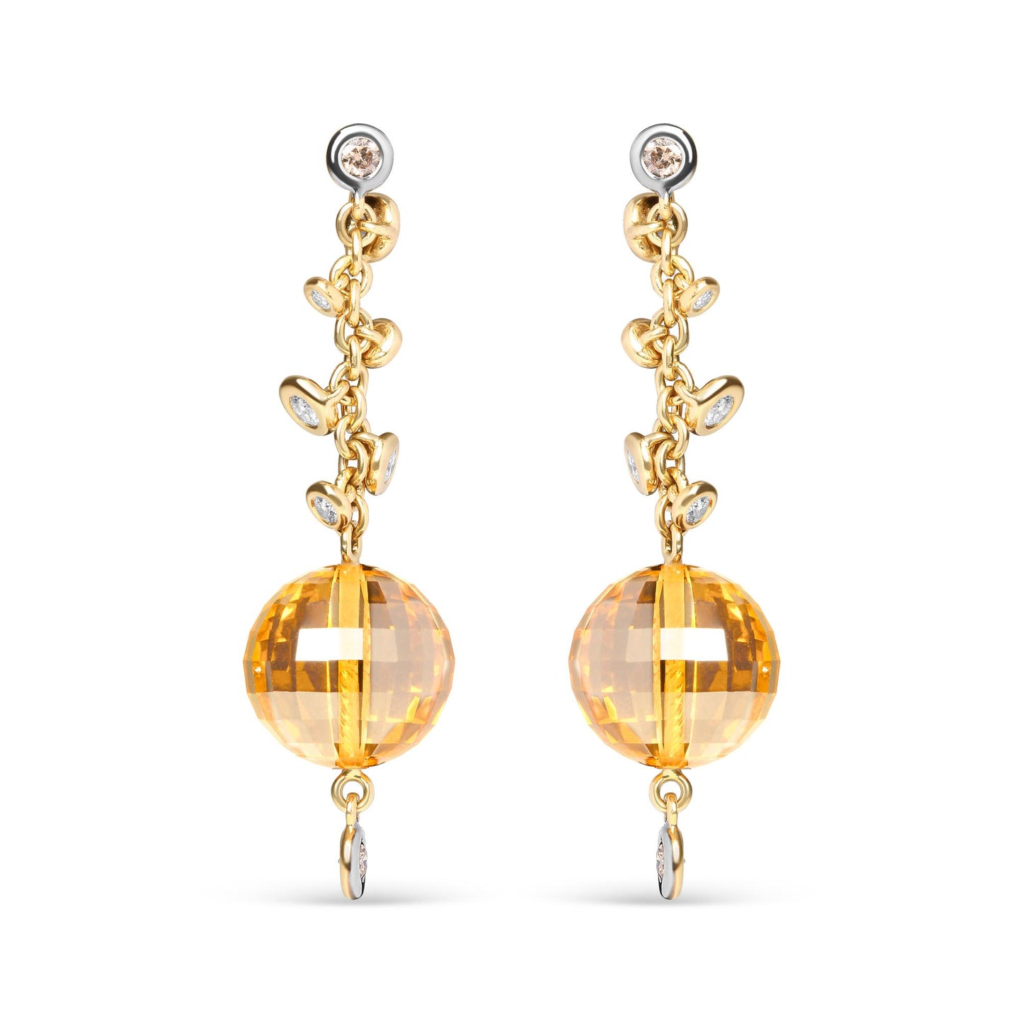 Front view of yellow metal drop earrings with round bezel-set brown and white gemstones along the chain and a large faceted yellow gemstone at the bottom.
