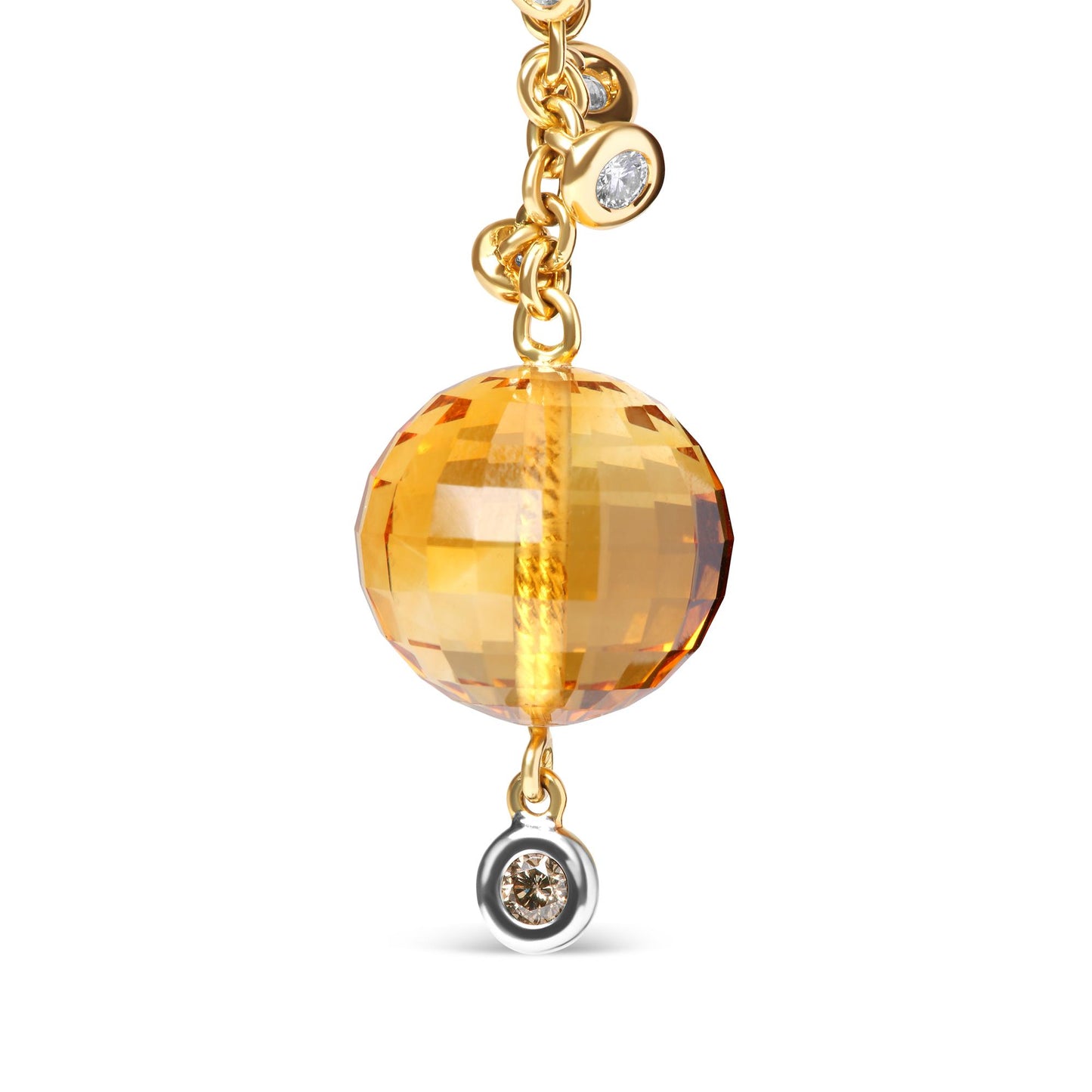 Close-up front view of a yellow metal earring featuring a large faceted yellow gemstone bead with round bezel-set white and brown gemstones attached along the chain and dangling below.
