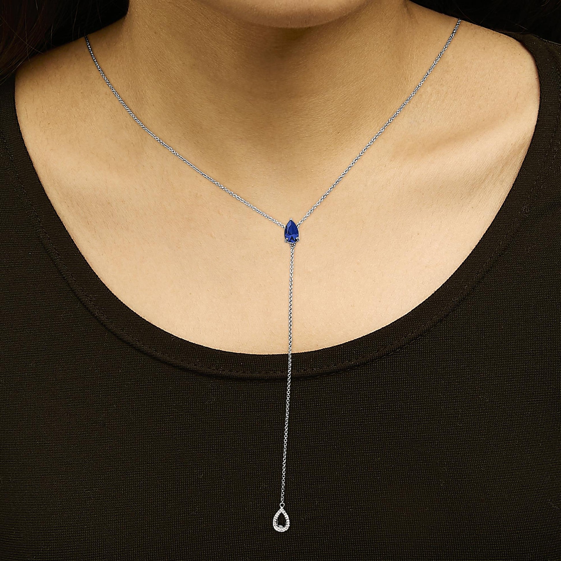 Sterling Silver Created Blue Sapphire and Diamond Accent Y Necklace