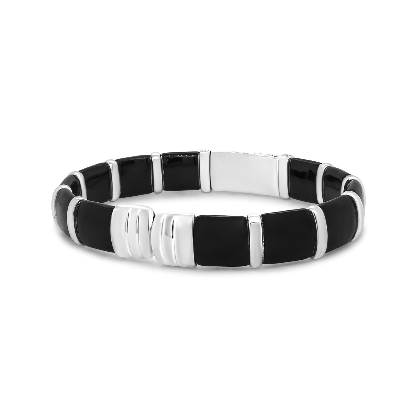 Bracelet with alternating white metal and black rectangular segments, shown at a slight angle on a white background.