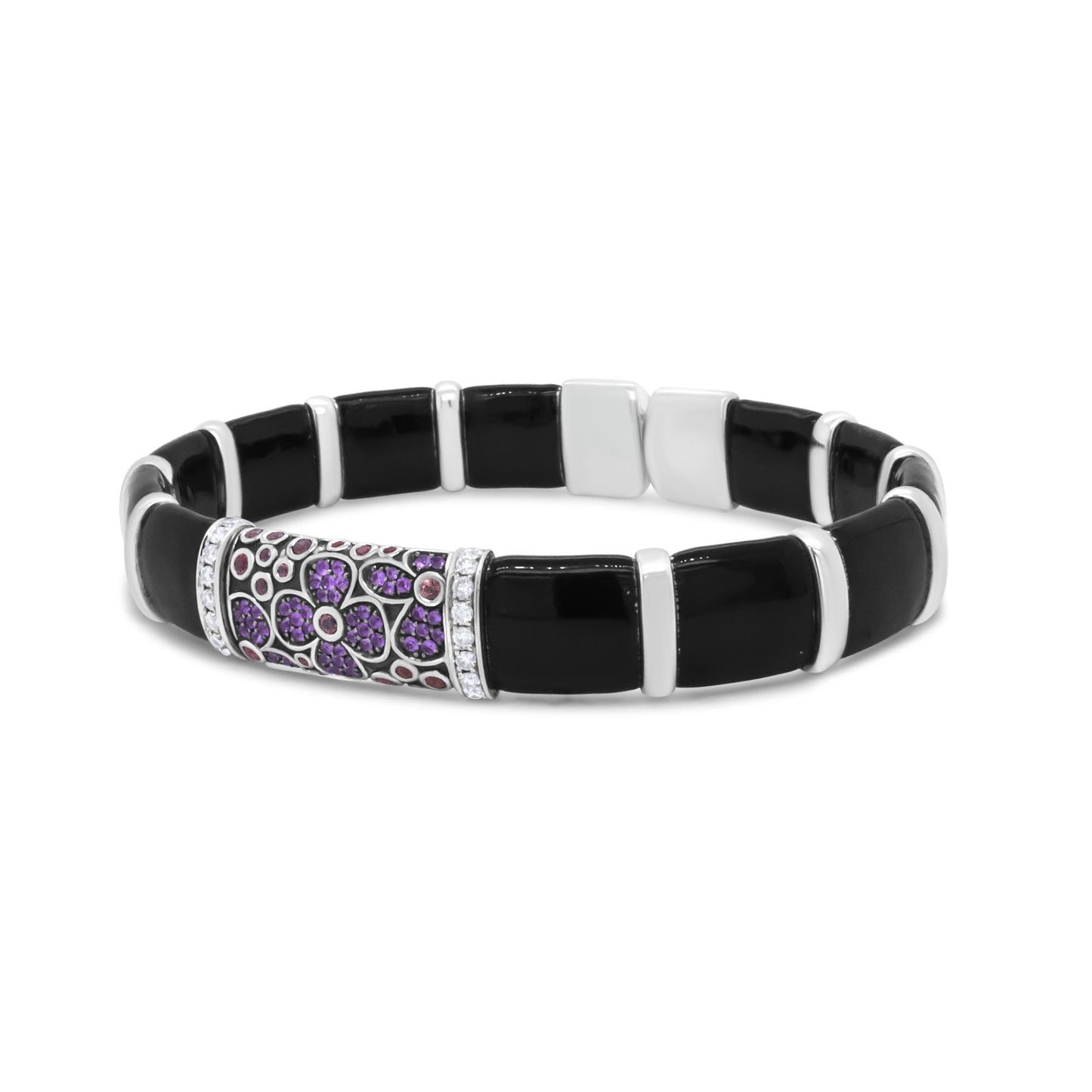 White metal bracelet with alternating black segments and a decorative section featuring pink and orange round gemstones and white round gemstones, shown at an angled side view.