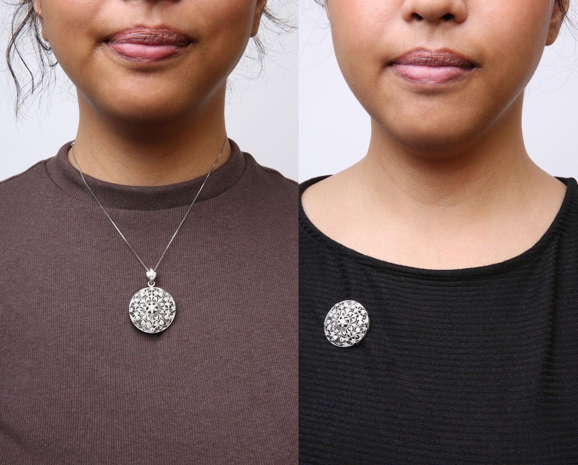 Close-up shots of a round white metal brooch with intricate filigree design and white round bezel-set gemstones worn as a pendant on a necklace in one image and as a brooch pinned on a black top in the other image, shown on a model from the neck to the chin.
