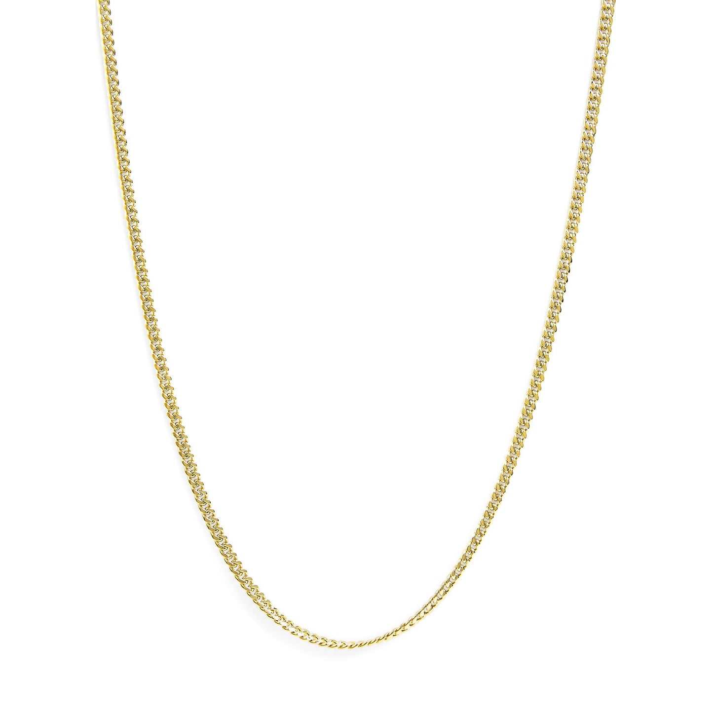 Close-up front view of a yellow metal chain necklace against a white background.
