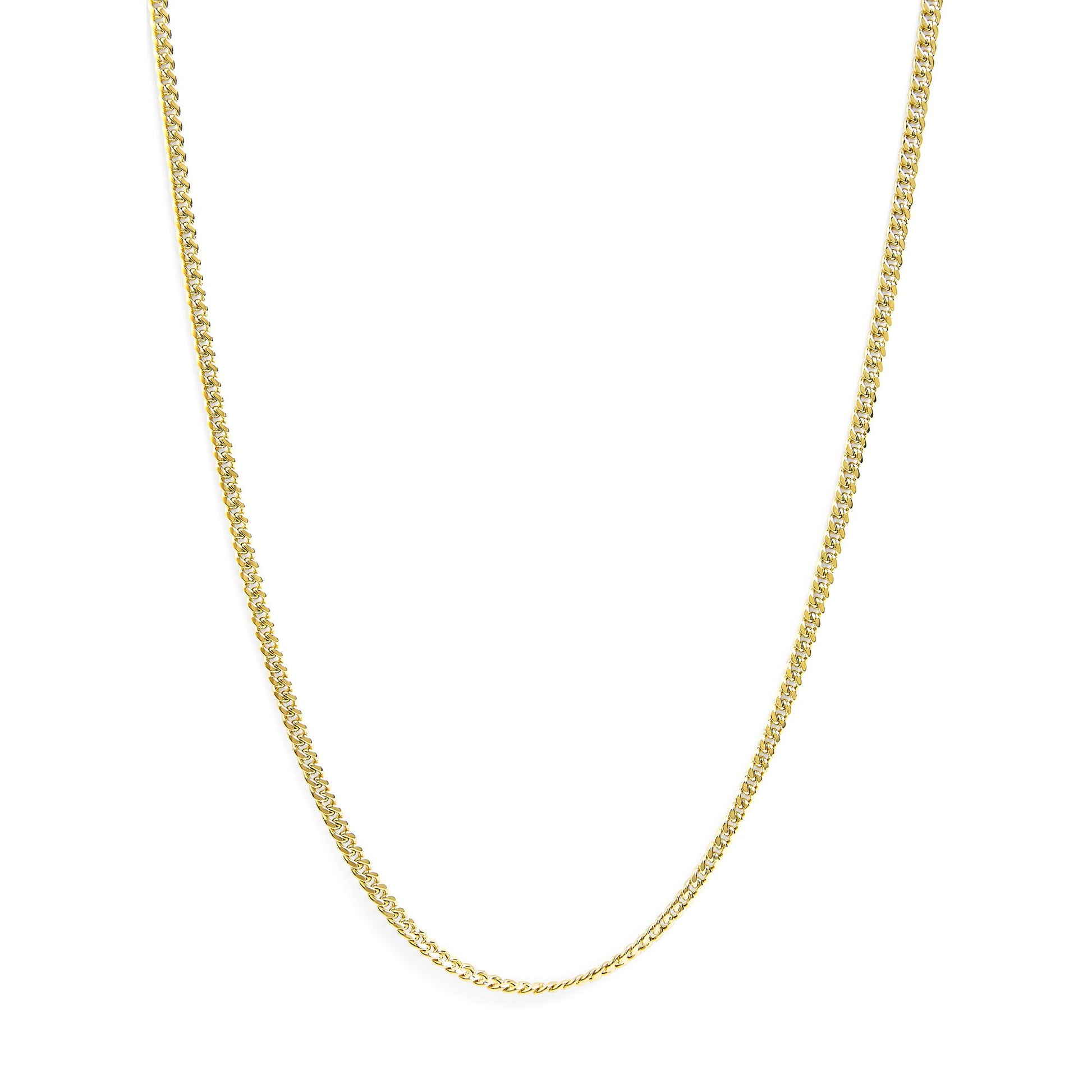 Close-up front view of a yellow metal chain necklace against a white background.