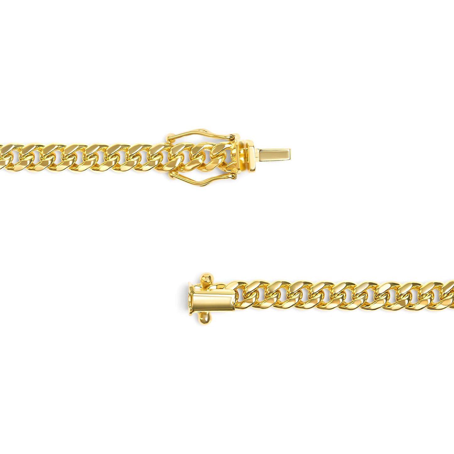 Close-up, flat lay of a yellow chain with clasp showing the ends of the chain horizontally on a white background.