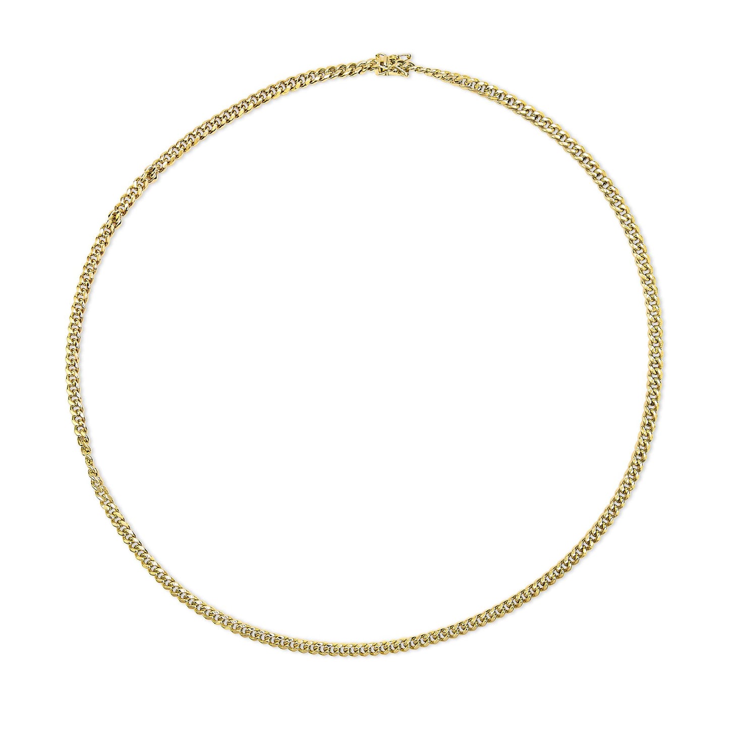Top-down view of a yellow metal chain necklace laid flat in a circular shape against a white background.