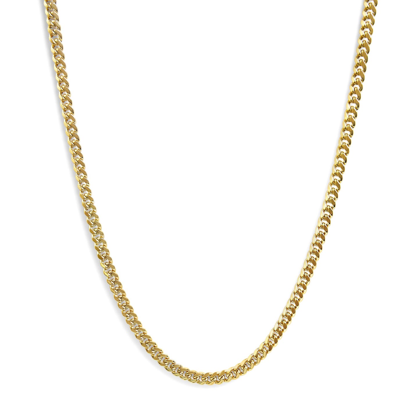 Close-up front view of a yellow chain necklace with interlocking links displayed against a white background.