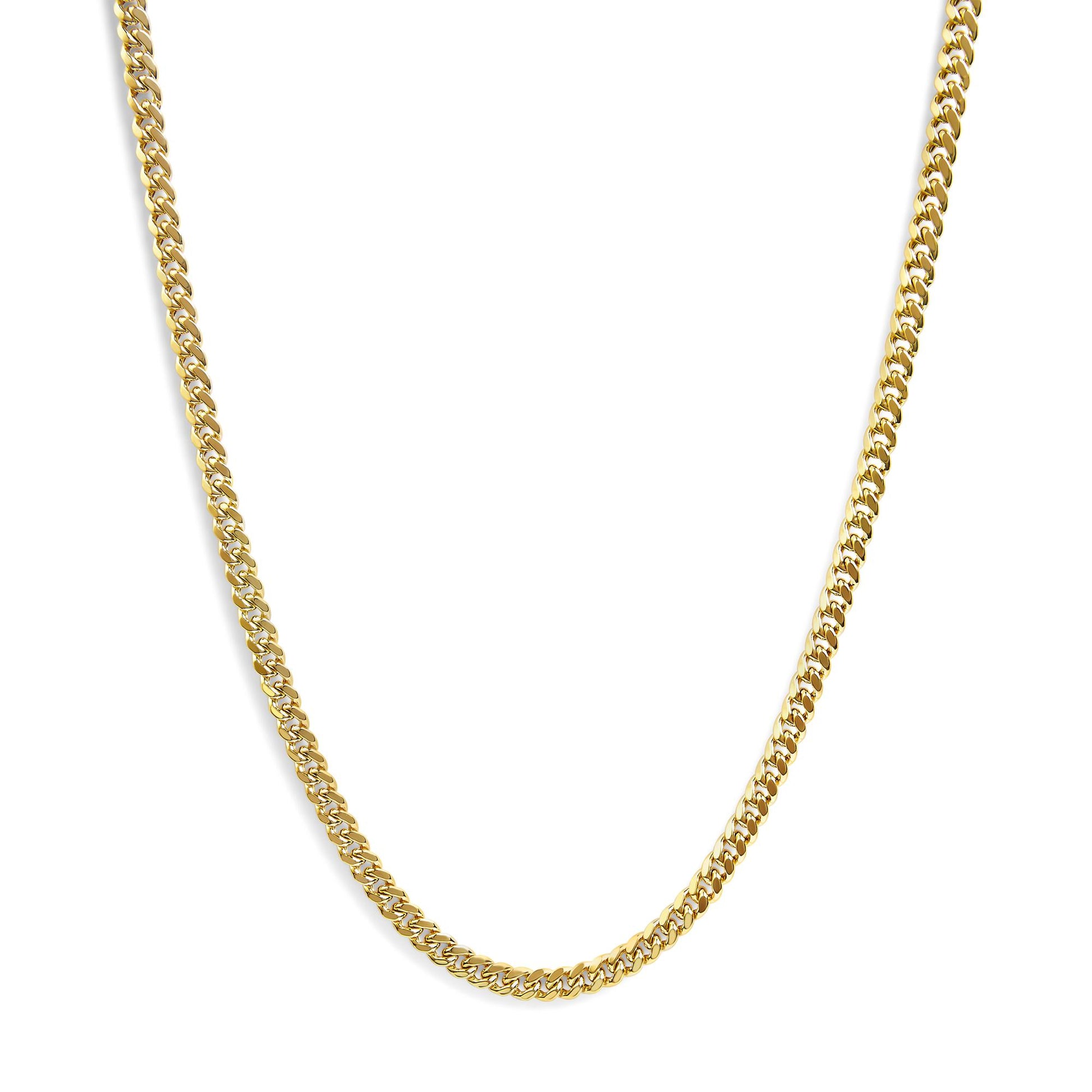 Close-up front view of a yellow chain necklace with interlocking links displayed against a white background.