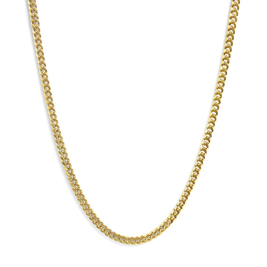 Close-up front view of a yellow chain necklace with interlocking links displayed against a white background.