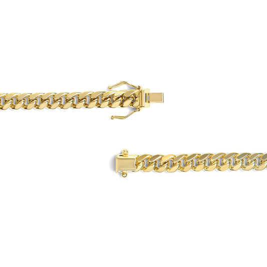 Close-up top view of a yellow metal chain with clasp opened, isolated on white background.